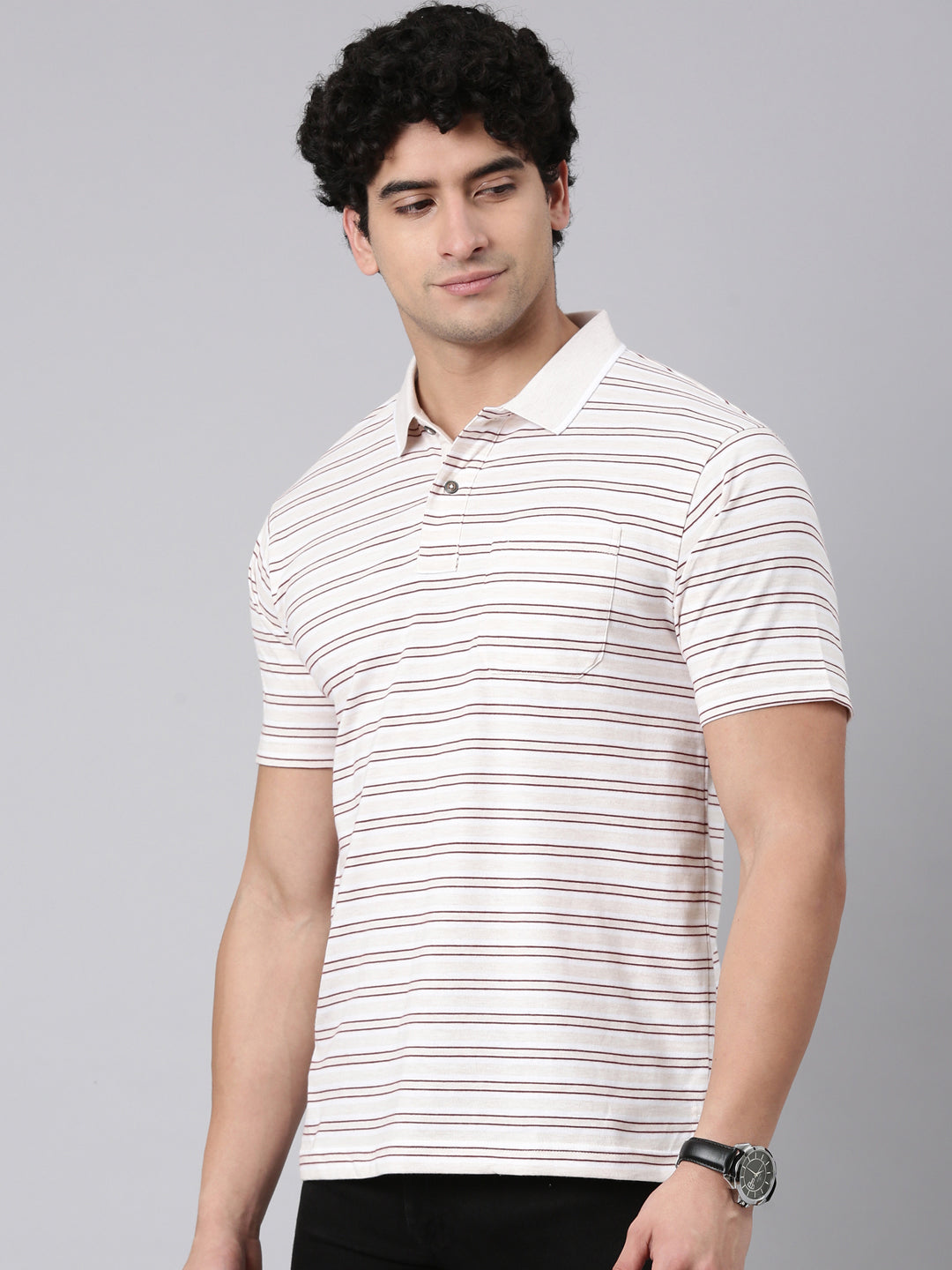 Classic Polo Men's Half Sleeve White Polo Neck Authentic Fit Striped Cotton Blend T-Shirt | FEEDERS - 312 A AF P