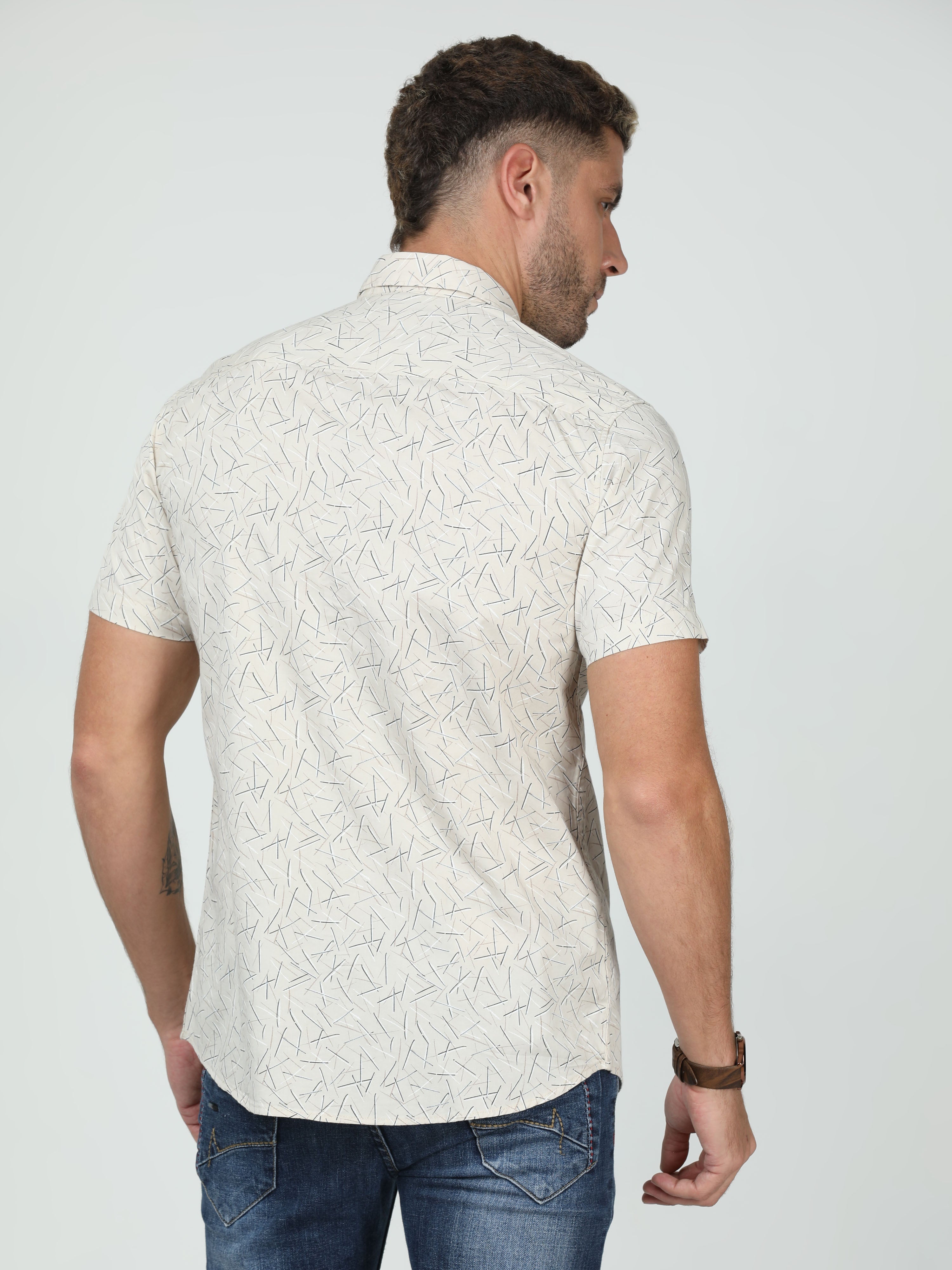 Classic Polo Mens Cotton Half Sleeve Slim Fit Polo Neck Cream Color Woven Shirt | So1-03 B-HS-PRT-SF
