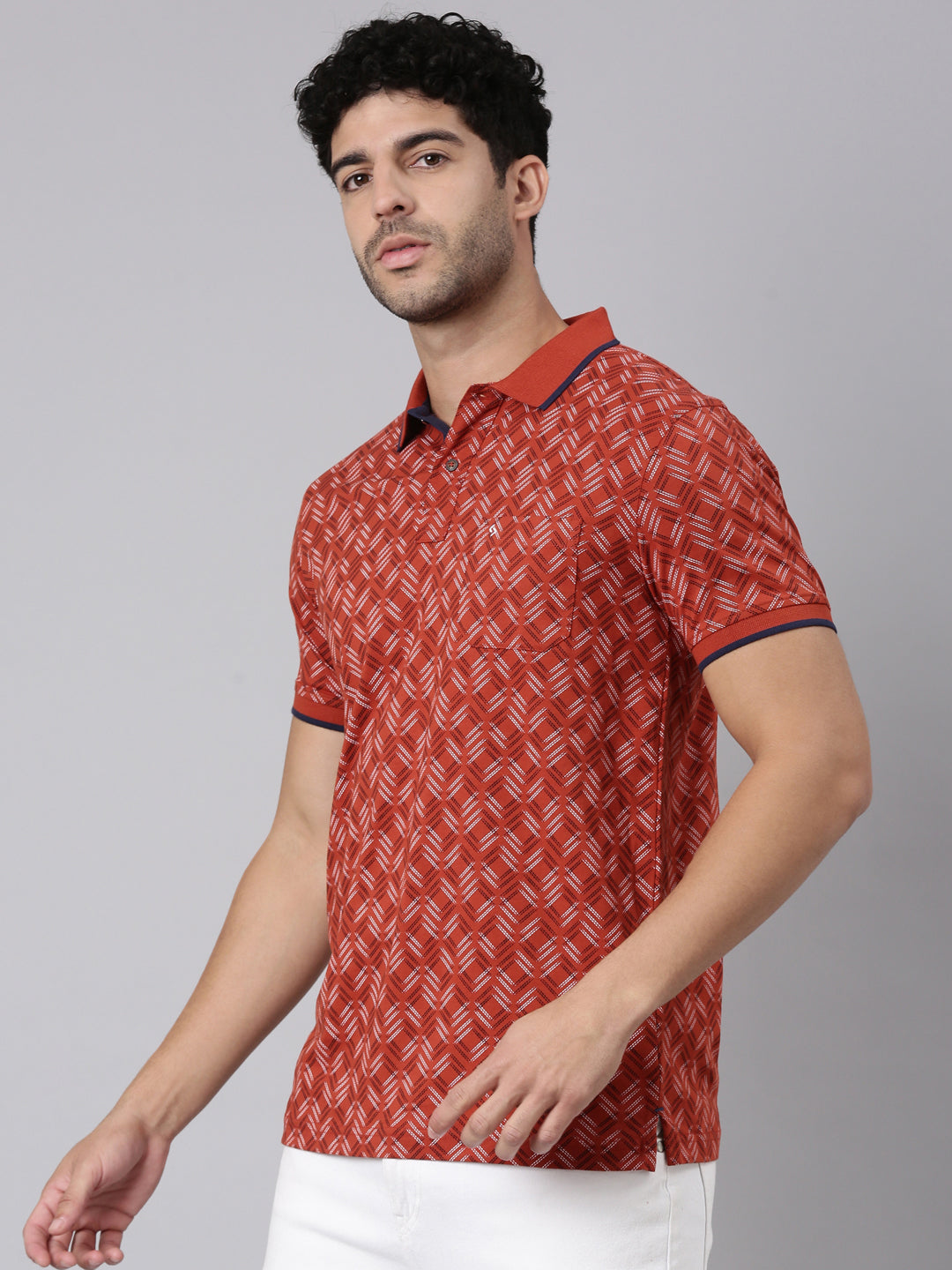 Classic Polo Men's Half Sleeve Rust Polo Neck Slim Fit All-Over Print Cotton T-Shirt | BELLO - 399 A SF P