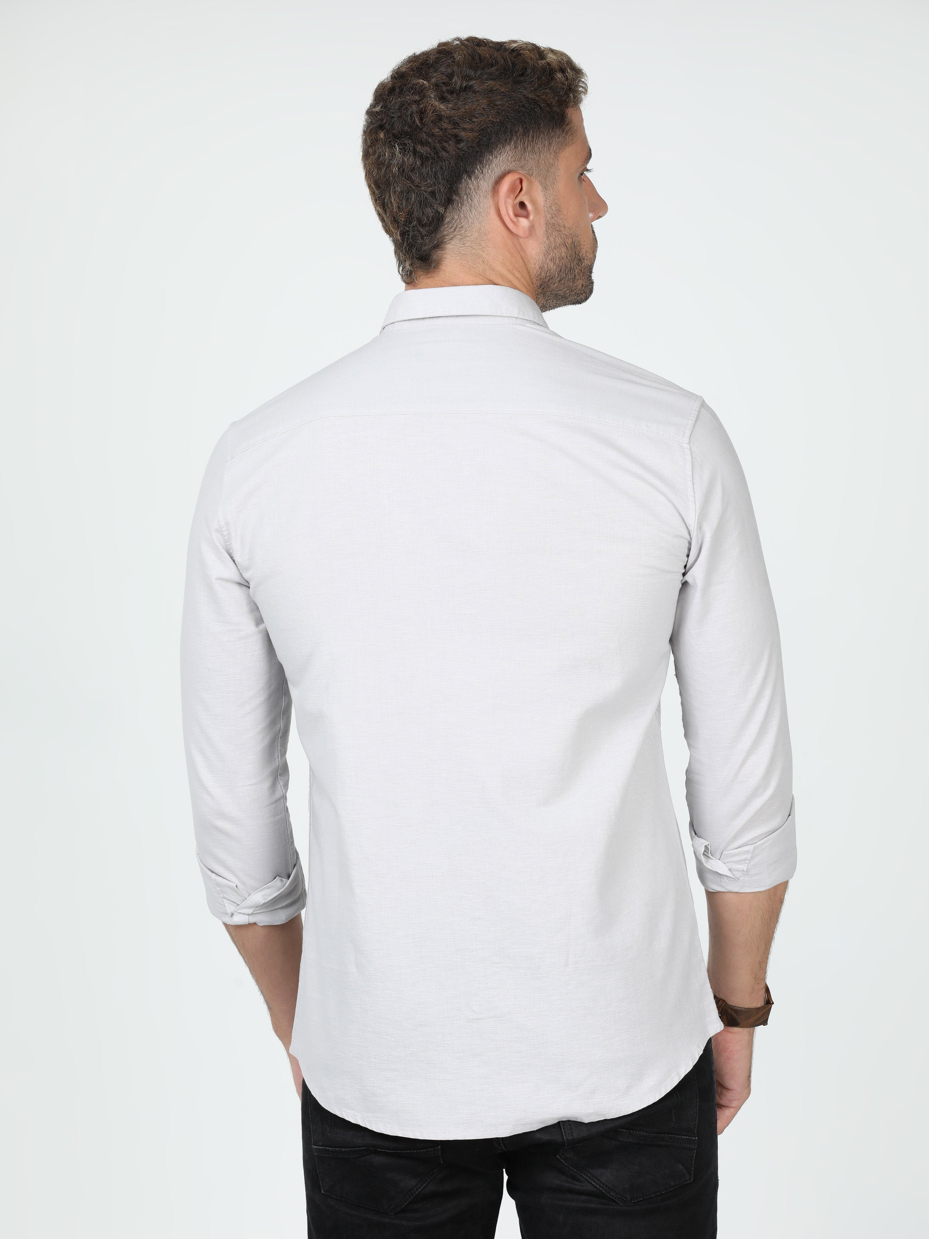 Classic Polo Mens Linen Cotton Full Sleeve Slim Fit Polo Neck Grey Color Woven Shirt | Linen - 26 A-FS-SLD-SF