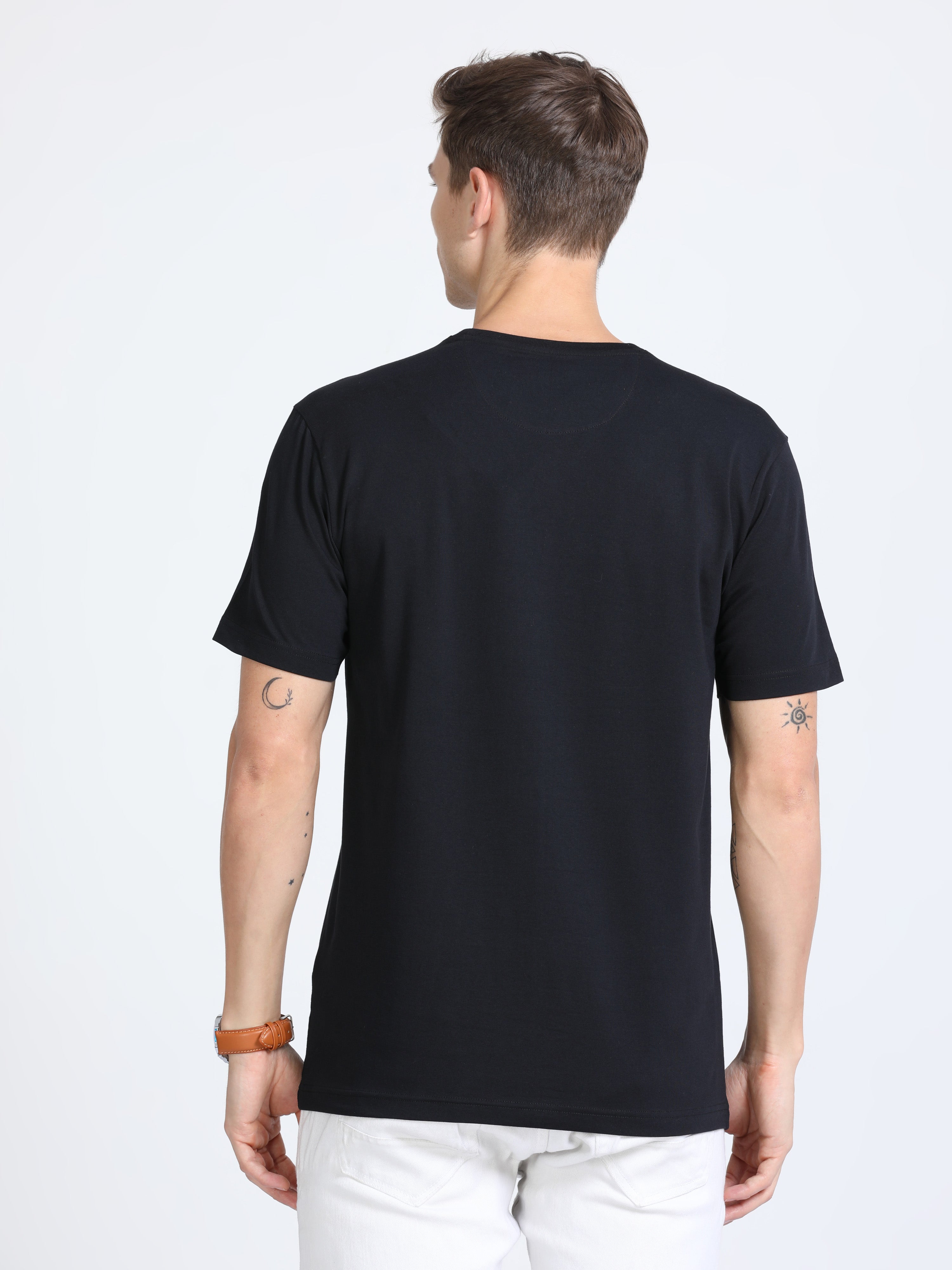 Classic Polo Mens Cotton Half Sleeves Printed Slim Fit Crew Neck Black Color T-Shirt | Baleno - 555 A Sf C