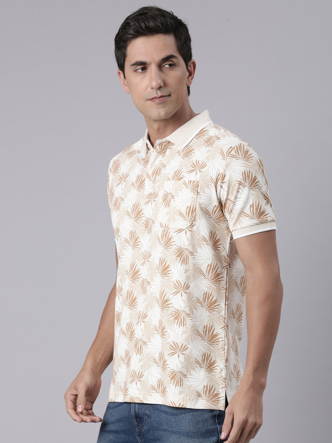 Classic Polo Men's Half Sleeve Beige/White Polo Neck Slim Fit All Over Print Cotton T-Shirt | BEAU - 284 B SF P