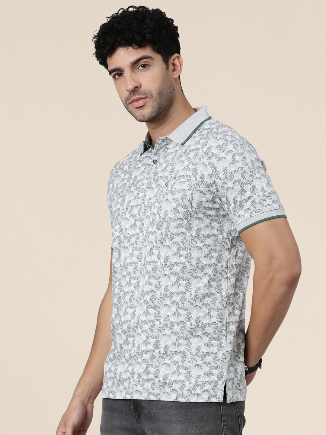 Classic Polo Men's Half Sleeve Light Grey/Teal Polo Neck Slim Fit All-Over Print Cotton T-Shirt | LTS-AOP - 122 B SF P