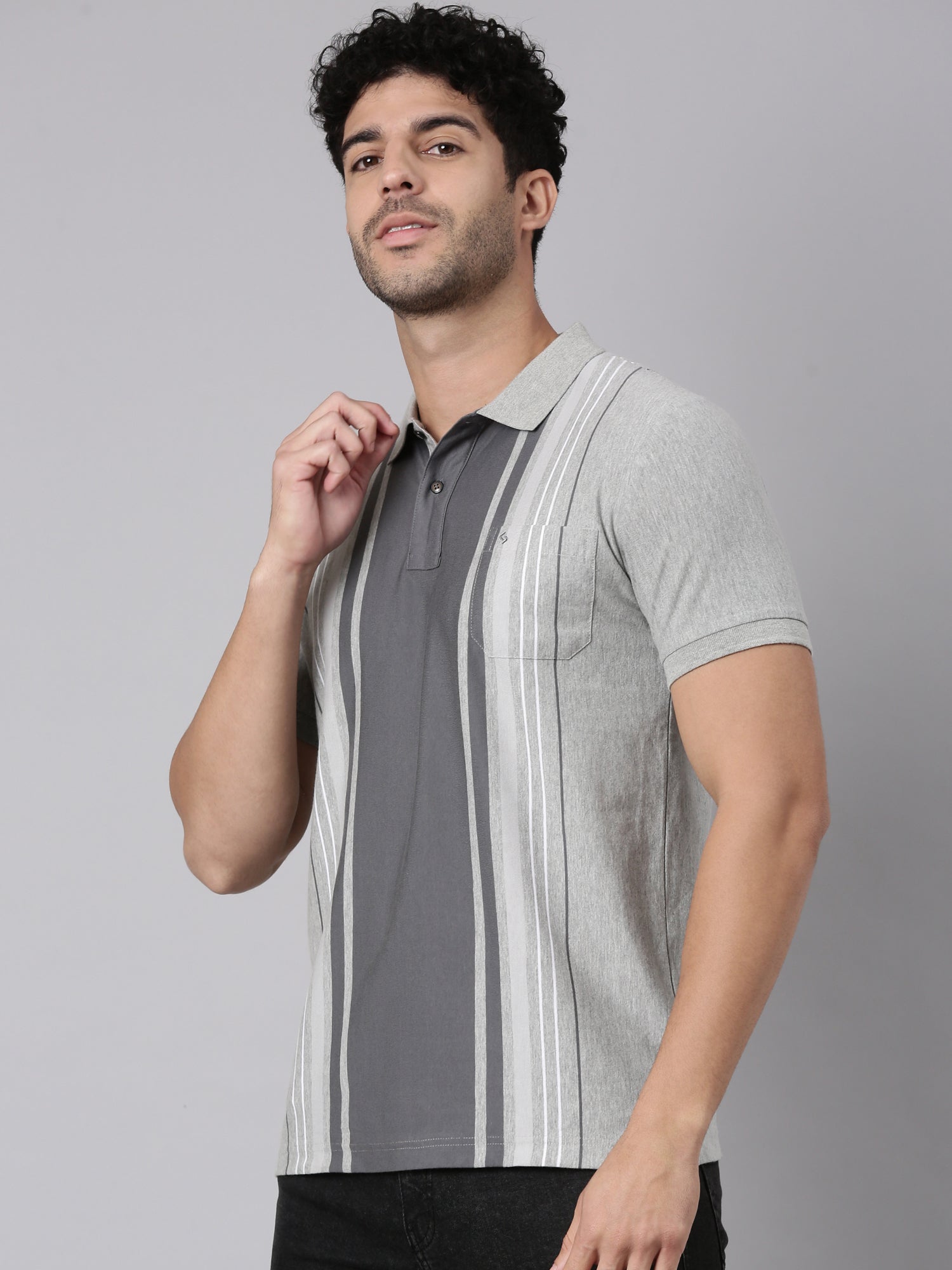 Classic Polo Men's Half Sleeve Grey Polo Neck Slim Fit Striped Cotton Blend T-Shirt | VERTICS - 124 A SF P
