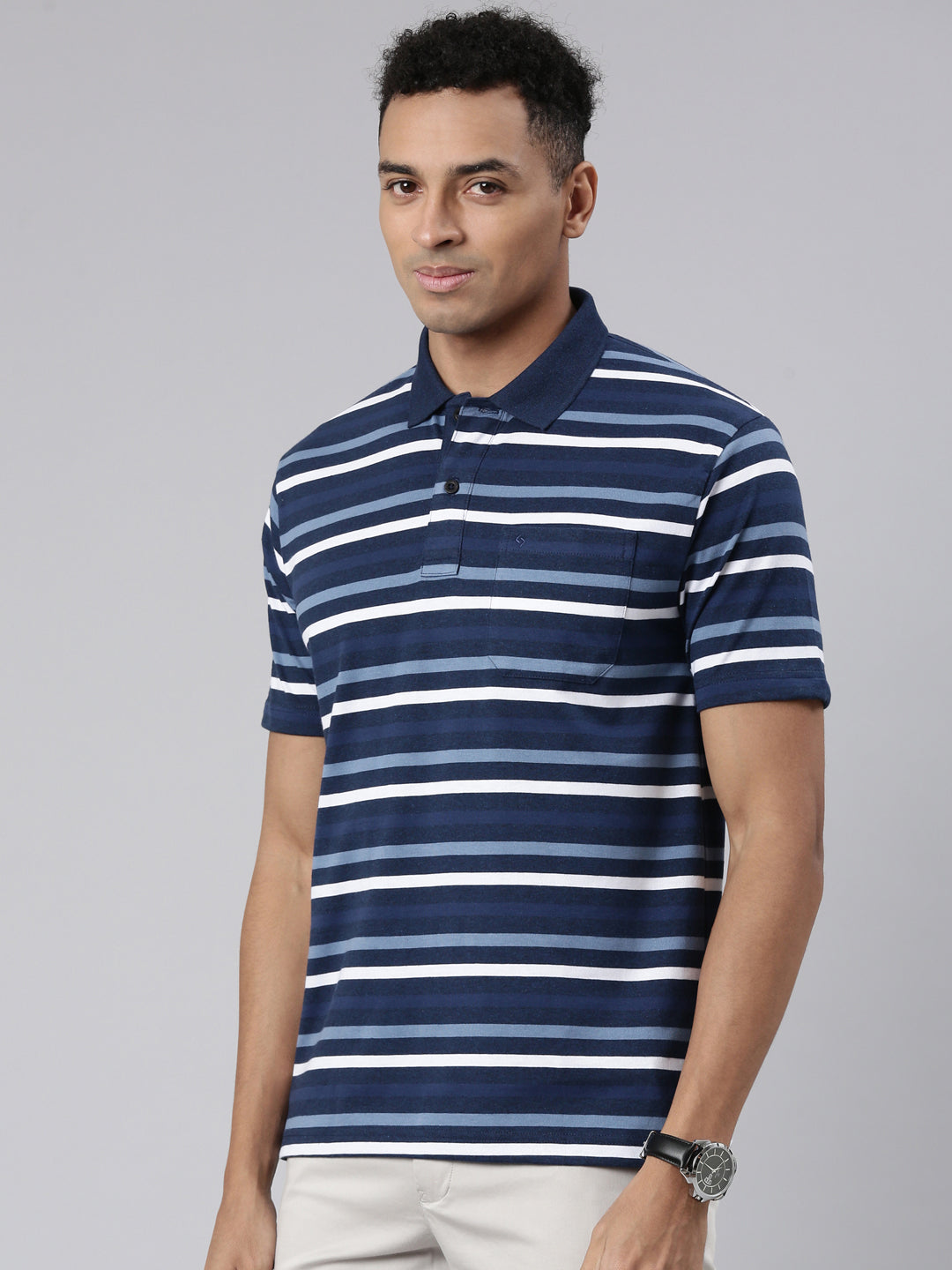 Classic Polo Men's Half Sleeve Navy/White Polo Neck Cotton Blend Authentic Fit T-Shirt | AVON - 575 A AF P