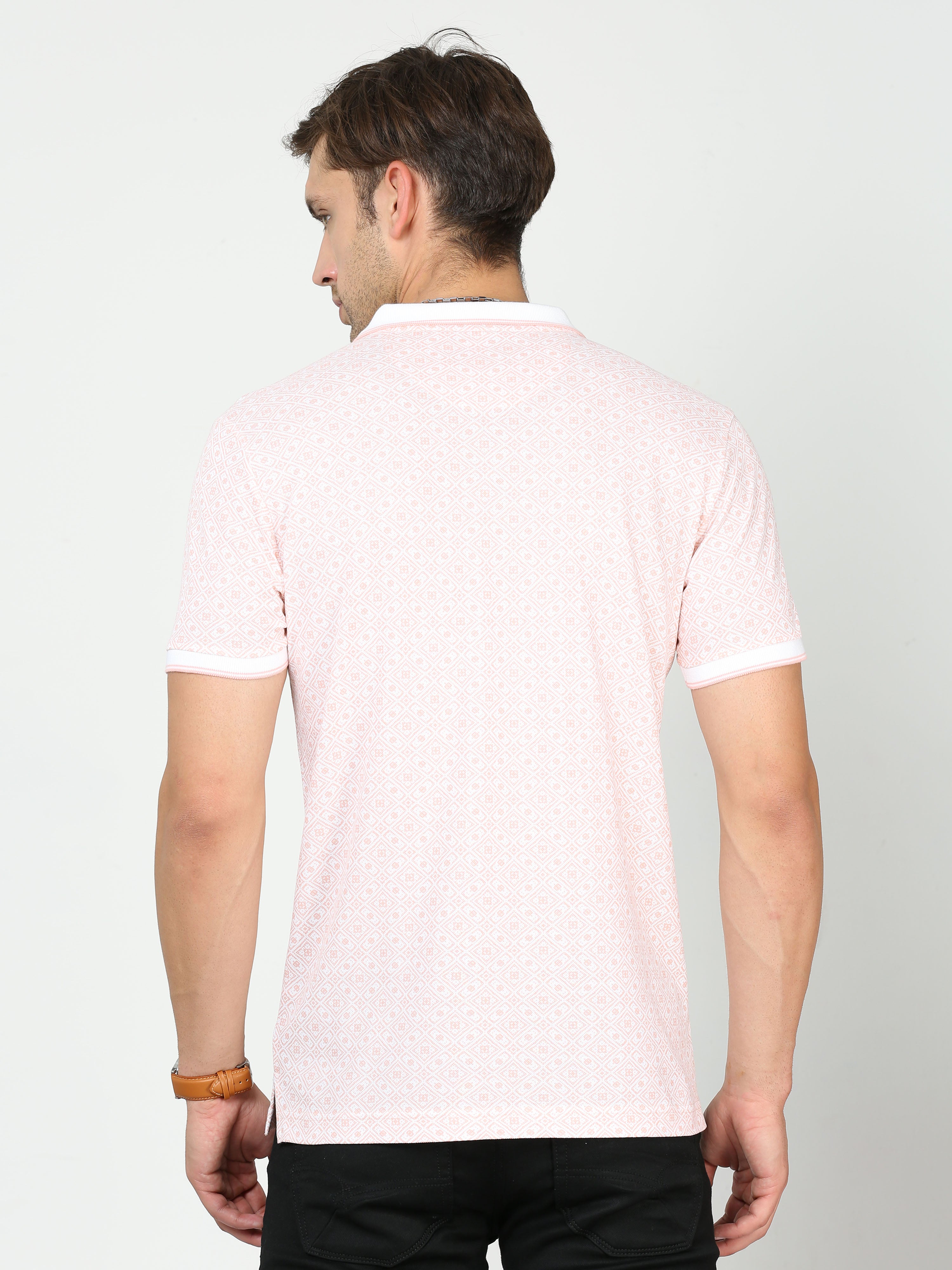 Classic Polo Mens Pure Cotton Half Sleeves Floral Slim Fit Polo Neck Pink Color T-Shirt | Beau - 211 B Sf P