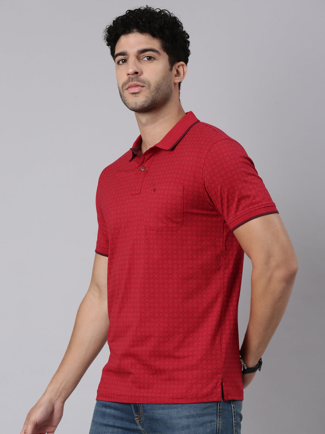 Classic Polo Men's Half Sleeve Red Polo Neck Slim Fit All-Over Print Cotton T-Shirt | BELLO - 397 A SF P