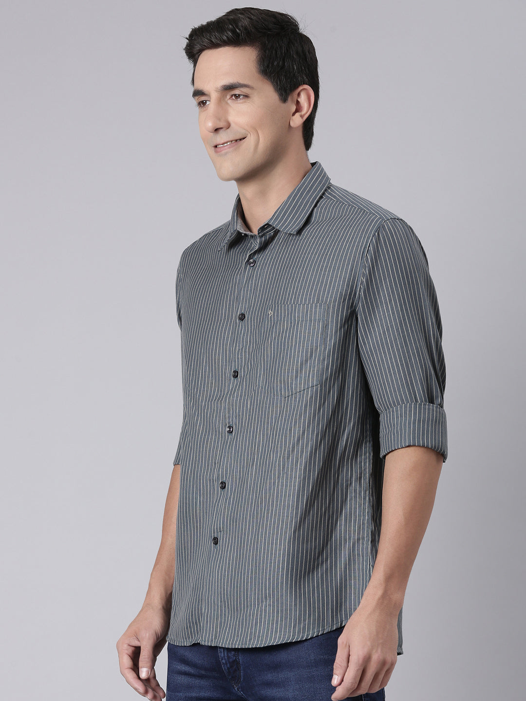 Classic Polo Men's Dark Grey Polo Neck Striped Cotton Slim Fit Woven Shirt | LSHQ2-137 A-FS-STR-SF