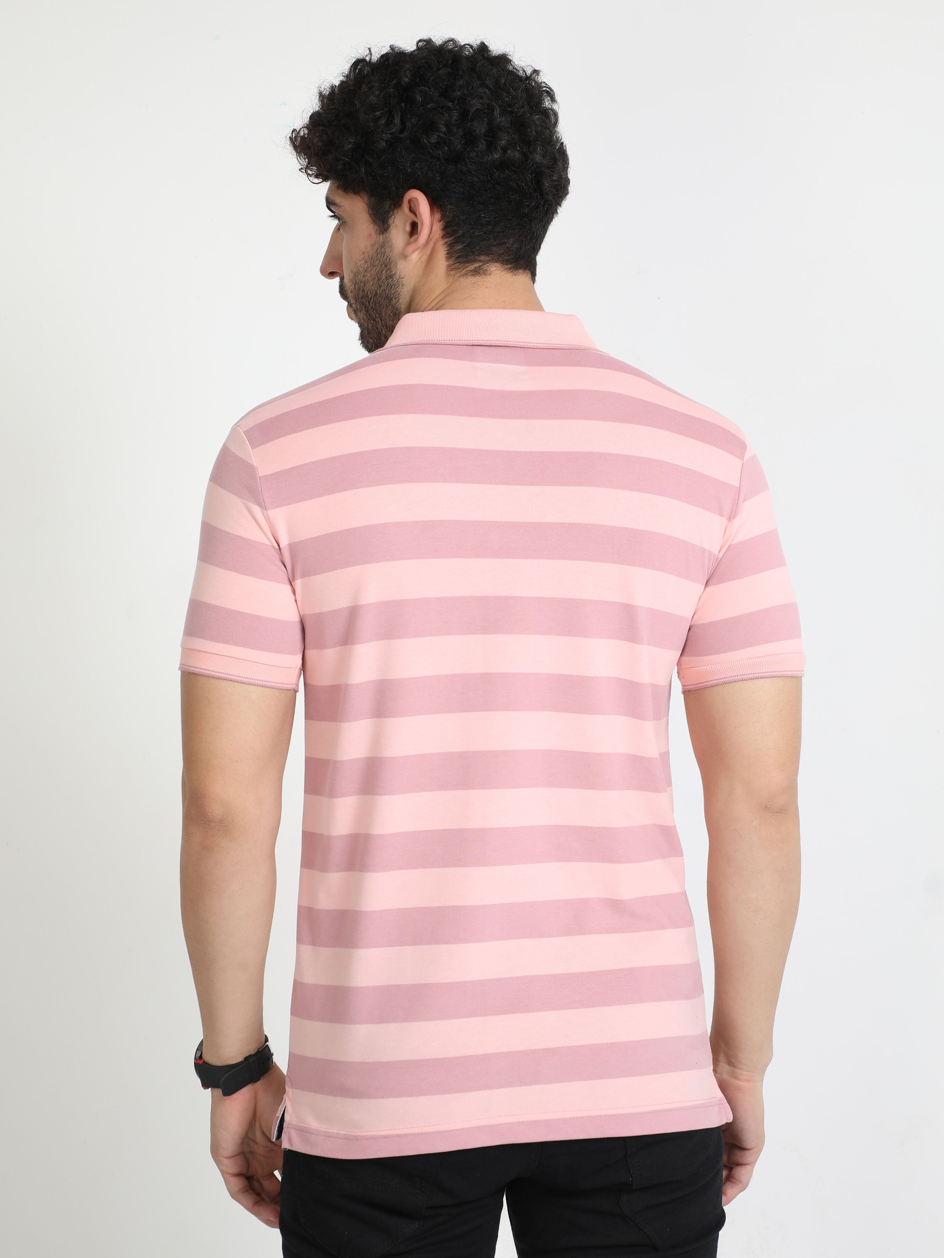 Classic Polo Mens Cotton Half Sleeves Striped Slim Fit Polo Neck Peach Color T-Shirt | Cpeg - 308 A Sf P