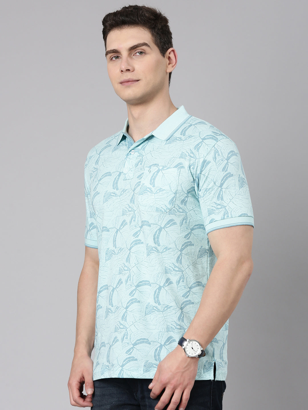 Classic Polo Men's Half Sleeve Aqua Green Polo Neck Slim Fit All Over Print Cotton T-Shirt | BELLO - 356 B SF P