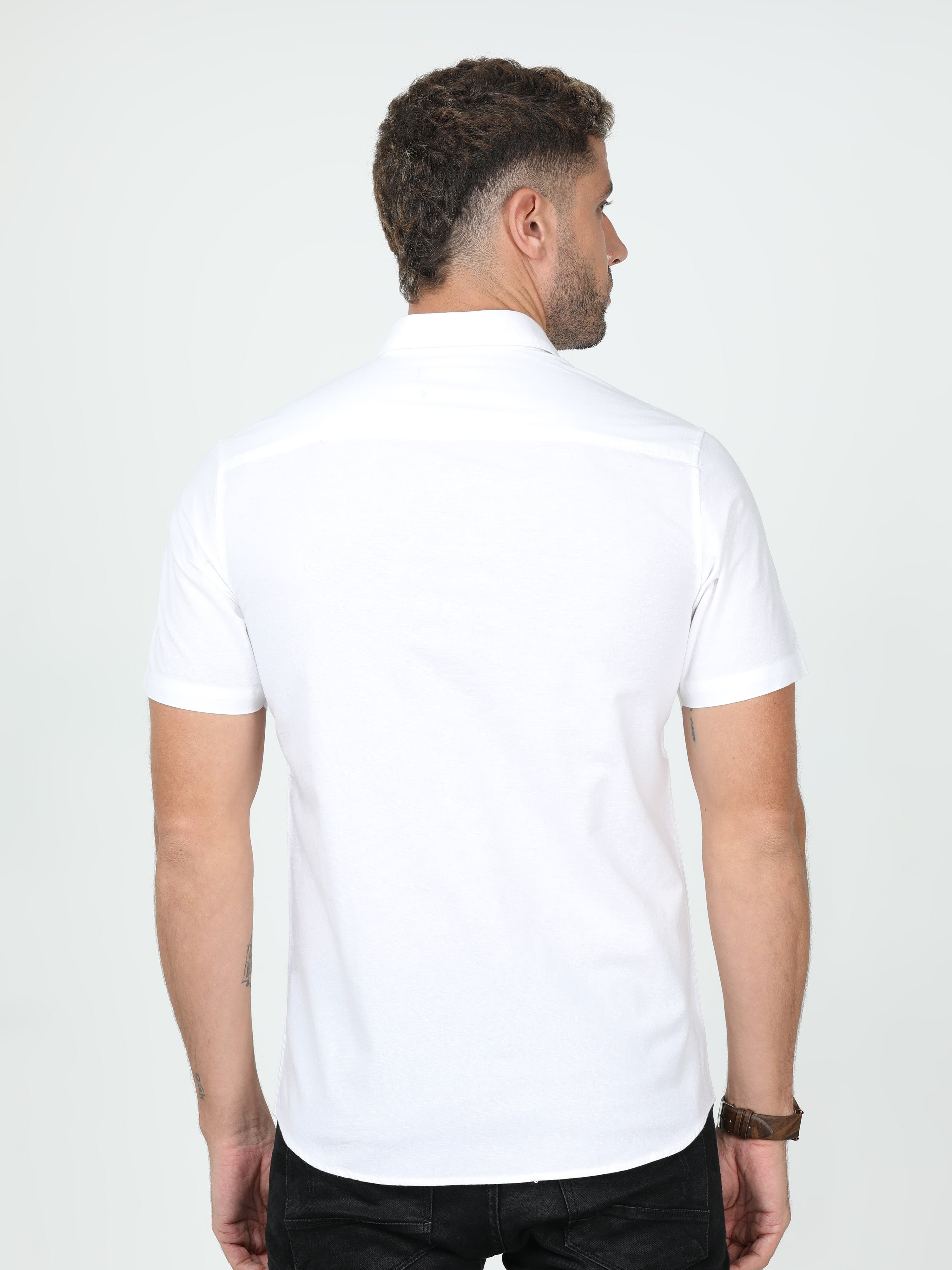 Classic Polo Mens Linen Cotton Half Sleeve Slim Fit Polo Neck White Color Woven Shirt | Linen - 12 A-HS-SLD-SF