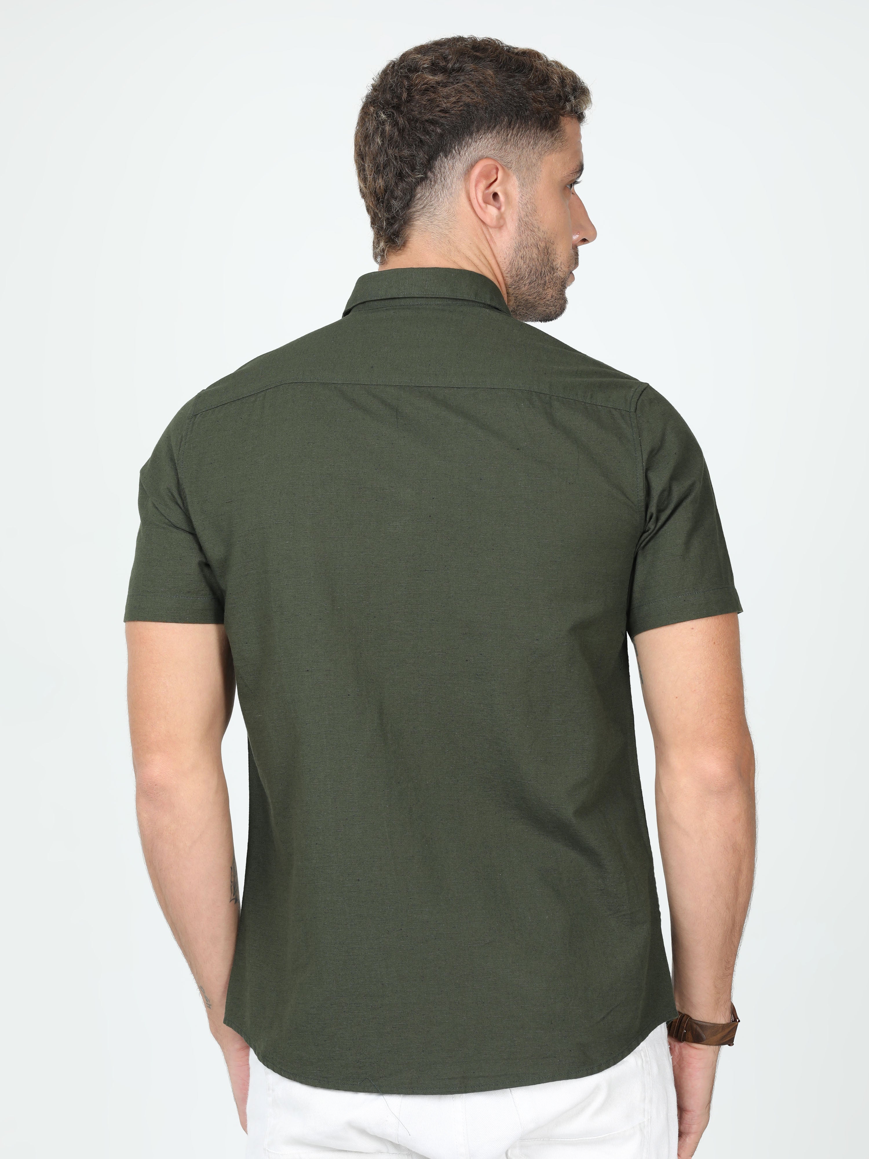 Classic Polo Mens Linen Cotton Half Sleeve Slim Fit Polo Neck Olive Color Woven Shirt | Linen - 26 D-HS-SLD-SF