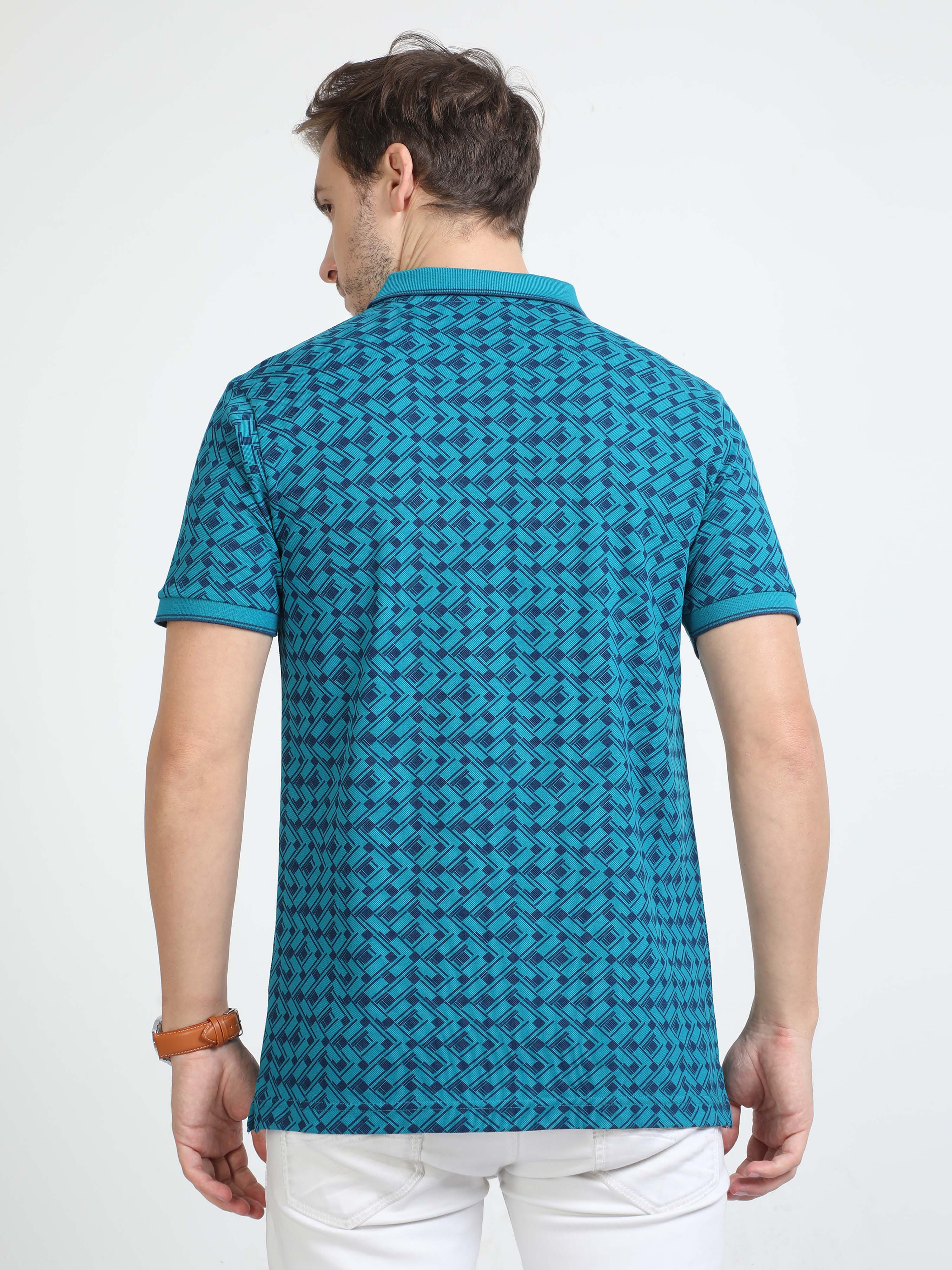 Classic Polo Mens Cotton Half Sleeves Floral Slim Fit Polo Neck Torqoise Color T-Shirt | Beau - 223 A Sf P