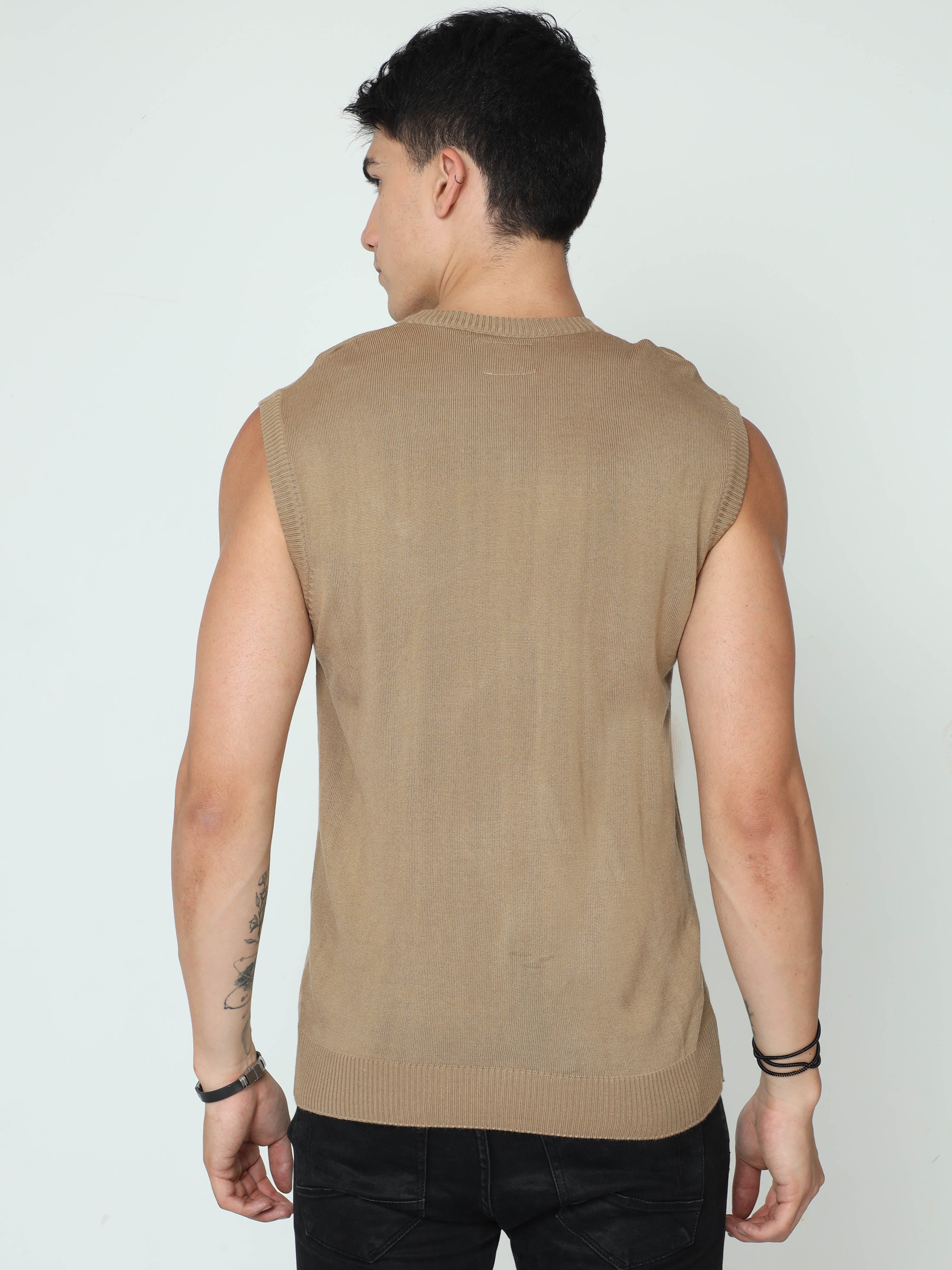 Classic Polo Mens 100% Cotton Cream Solid V Neck Sleeveless Slim Fit Sweater |Cp-Swt-10
