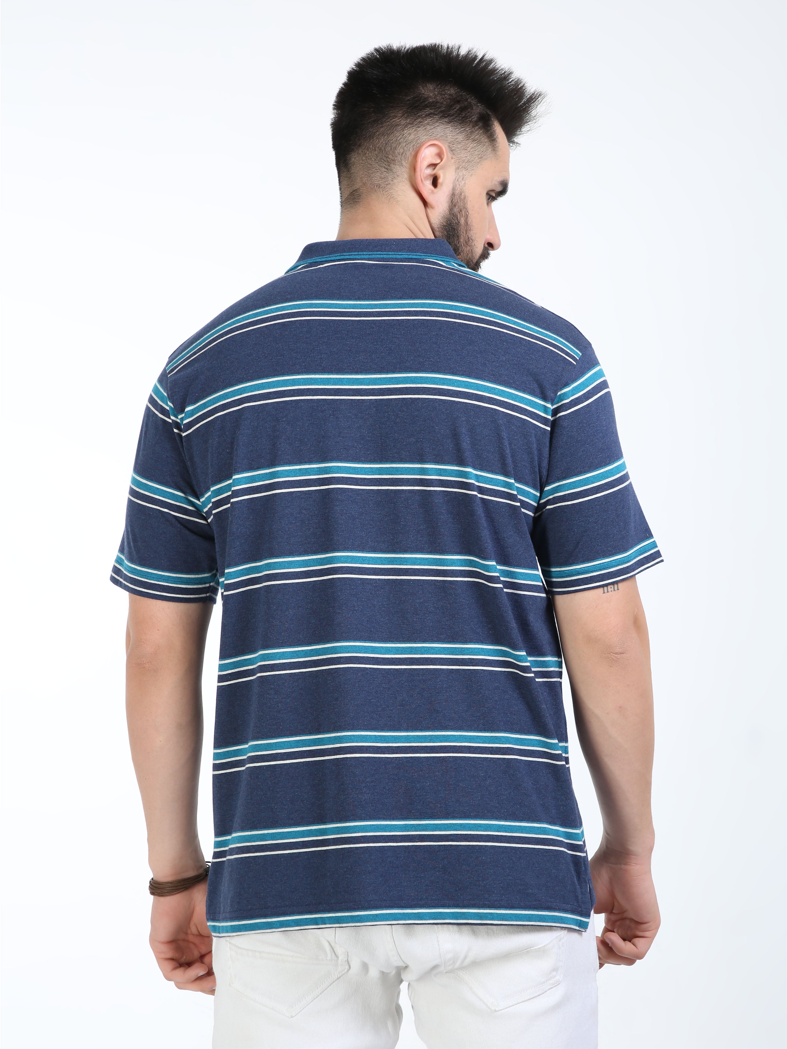Classic Polo Mens Cotton Half Sleeves Striped Authentic Fit Polo Neck Blue Color T-Shirt | Mel - 241 A Af P