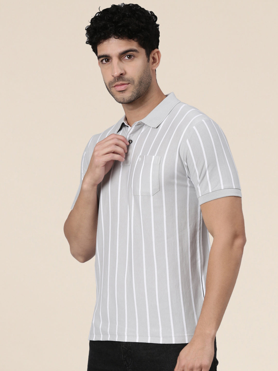 Classic Polo Men's Half Sleeve Grey/White Polo Neck Slim Fit Striped Cotton Blend T-Shirt | VERTICS - 122 B SF P