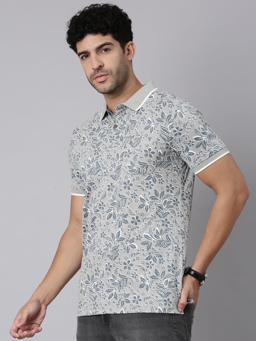 Classic Polo Men's Half Sleeve Grey Polo Neck Slim Fit All-Over Print Cotton T-Shirt | BELLO - 402 A SF P