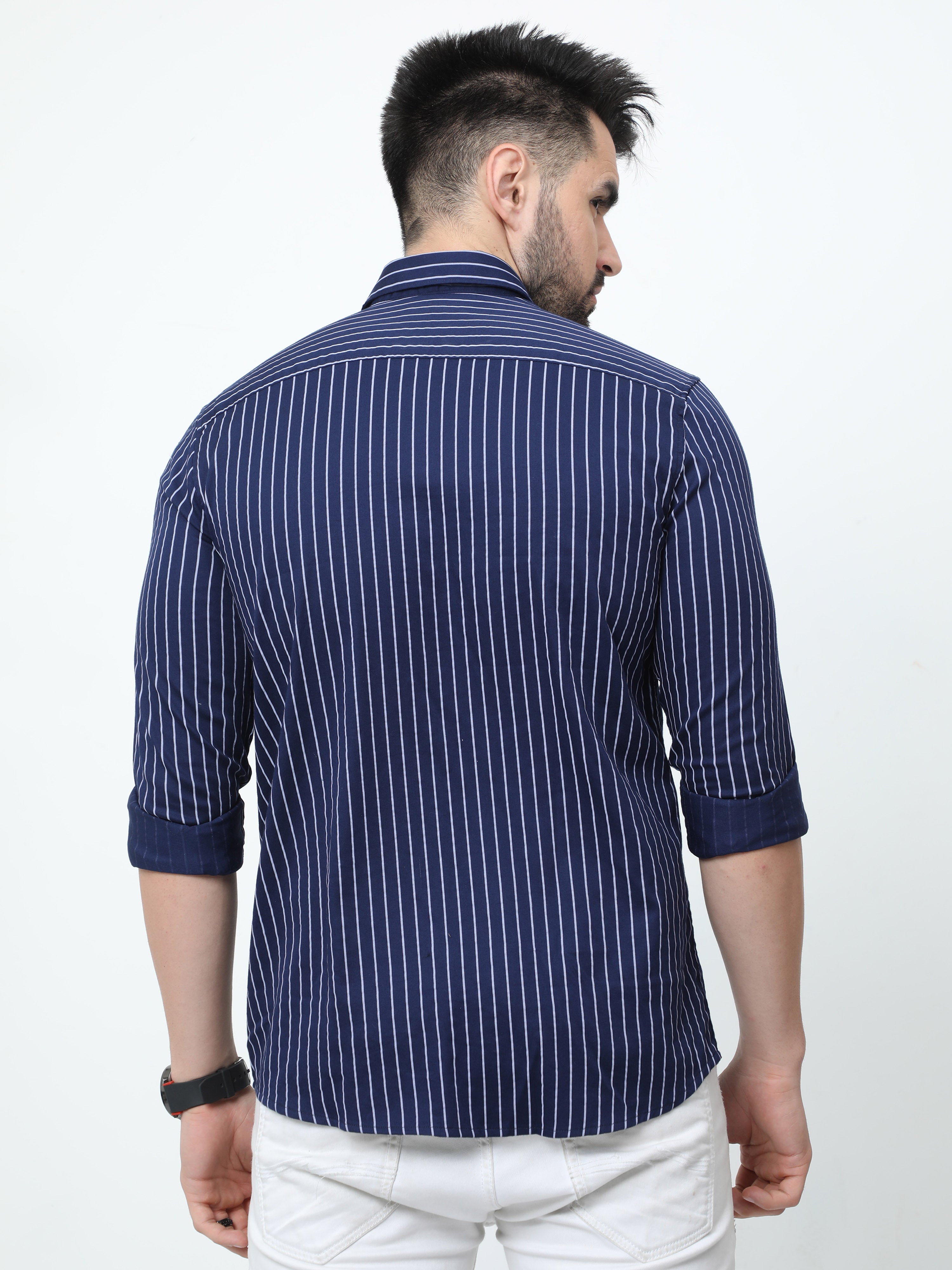 Classic Polo Mens Pure Cotton Full Sleeves Striped Slim Fit Polo Neck Navy Color Woven Shirt | So2-179 A-Fs-Str-Sf