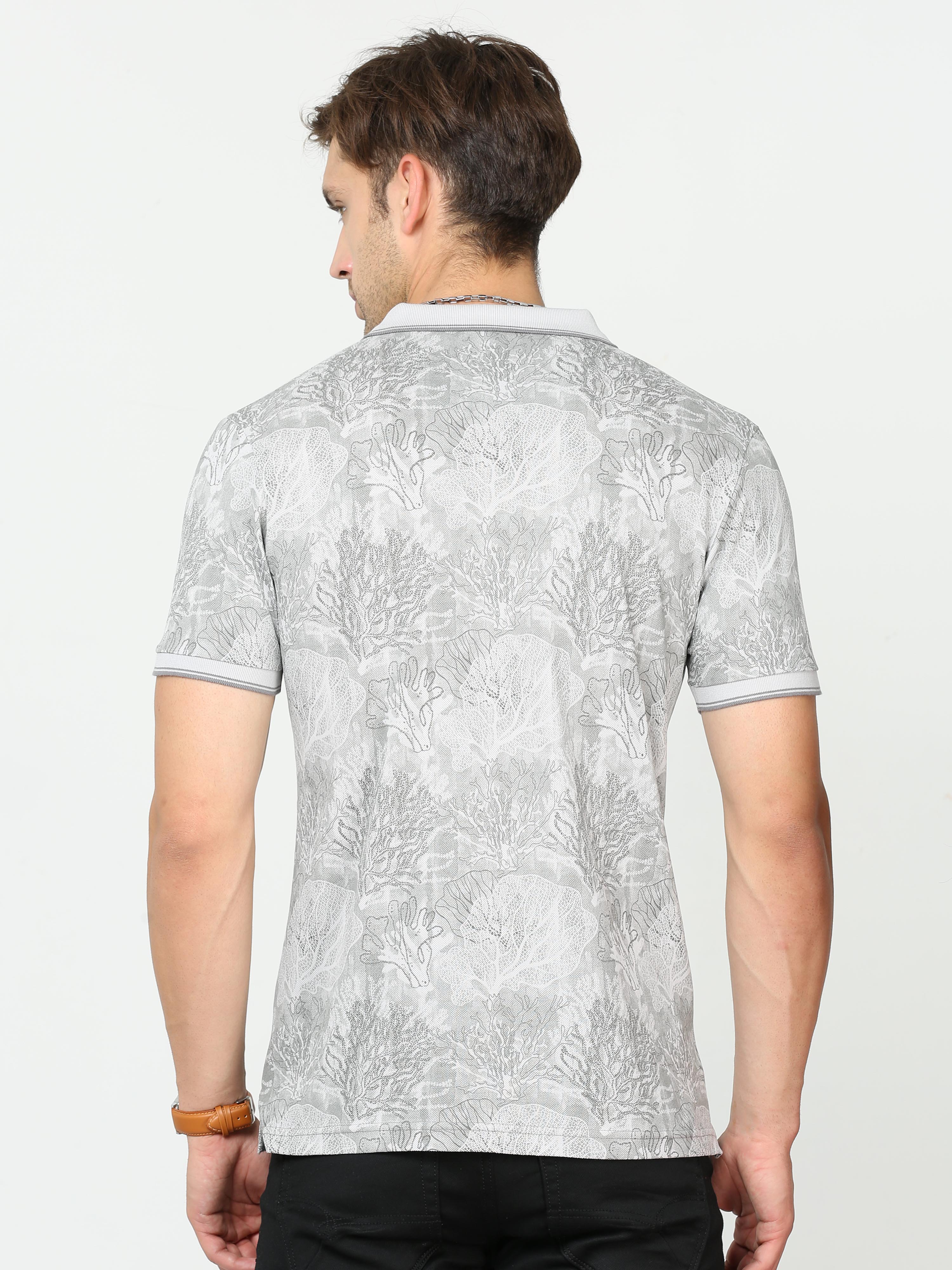 Classic Polo Mens Pure Cotton Half Sleeves Floral Slim Fit Polo Neck Grey Color T-Shirt | Beau - 213 A Sf P