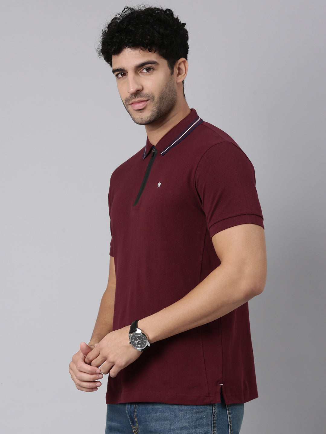 Classic Polo Men's Zipper Half Sleeve Maroon Polo Neck Slim Fit Solid Cotton T-Shirt | PRM - 830 B SF P