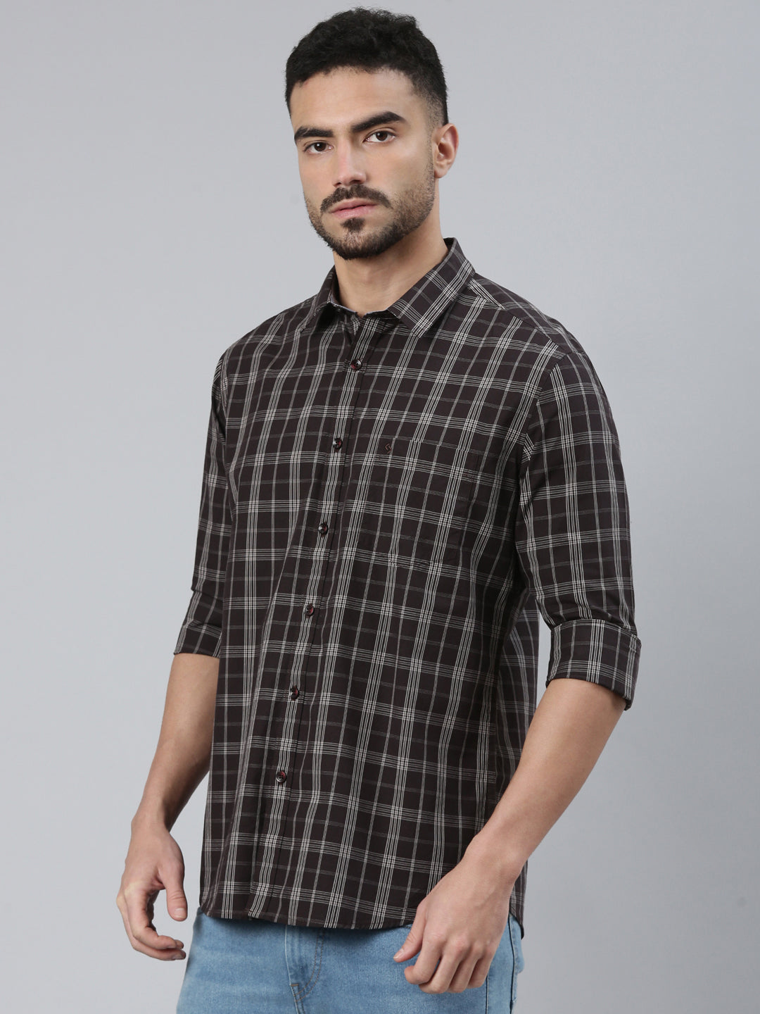 Classic Polo Men's Dark Wine/White Polo Neck Checked Cotton Slim Fit Woven Shirt | LSHQ2-104 B-FS-CHK-SF