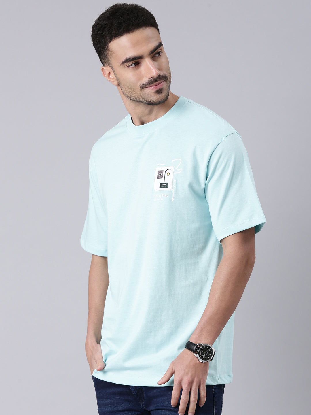 Classic Polo Men's Half Sleeve Lt.Blue Round Neck Printed Cotton Drop Shoulder T-Shirt | GEN-X-CREW 71 B SF C
