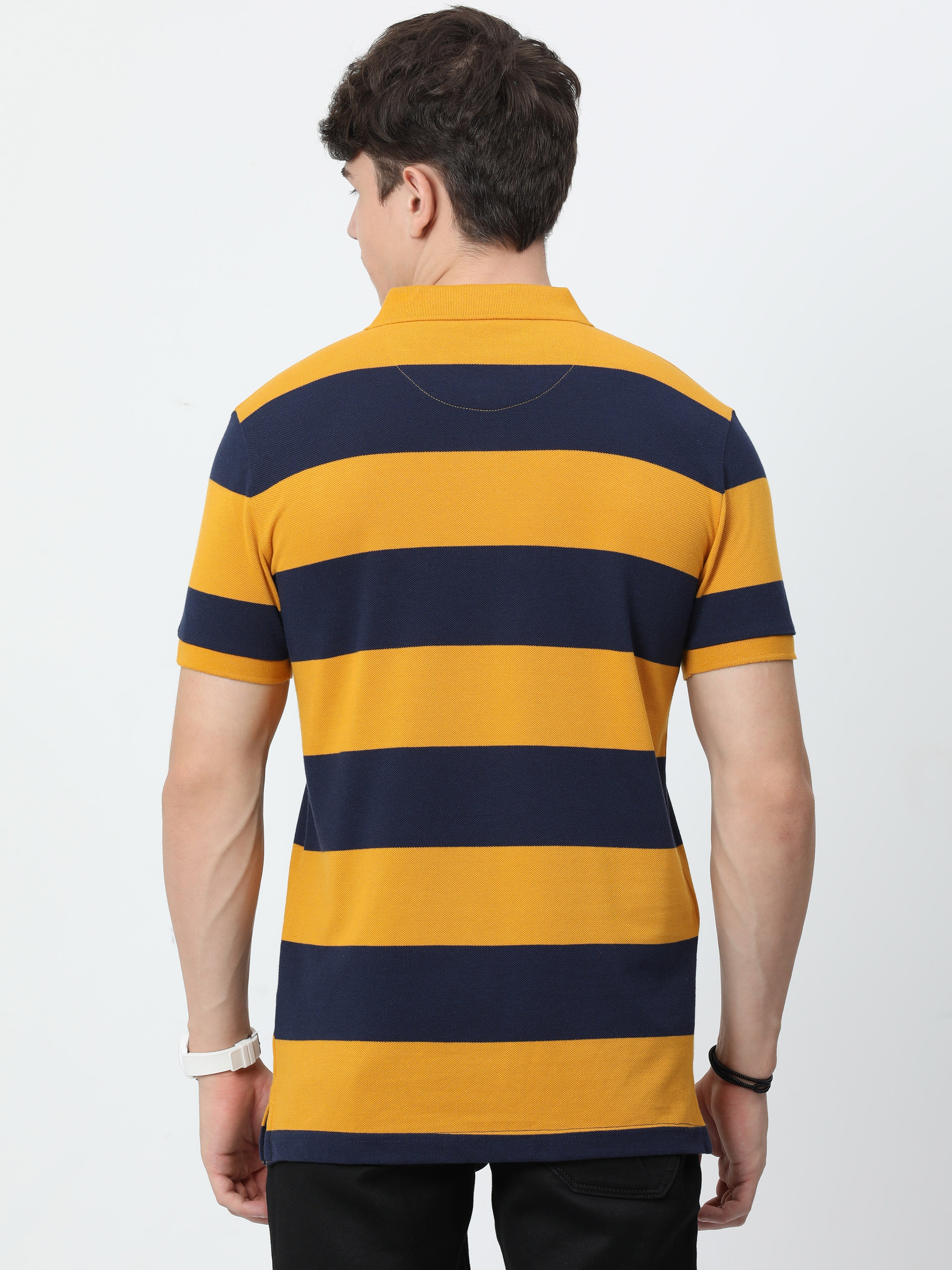 Classic Polo Mens Cotton Half Sleeves Striped Slim Fit Polo Neck Yellow Color T-Shirt | Brp - 395 A Sf P