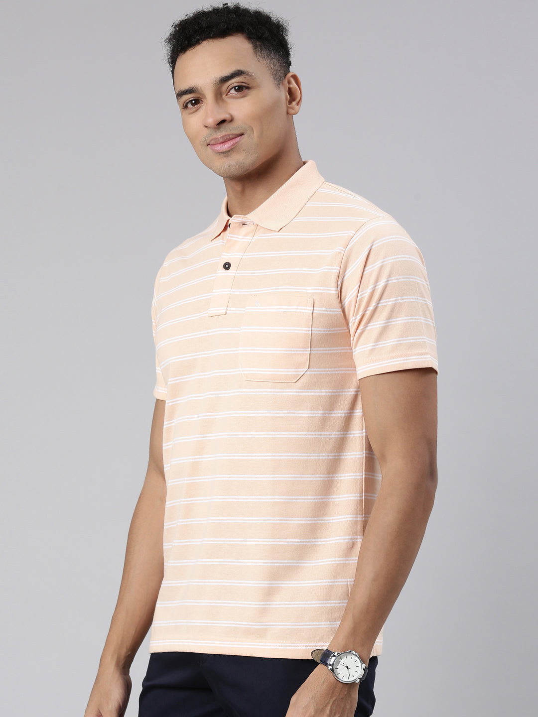 Classic Polo Men's Half Sleeve Lt.Orange/White Polo Neck Cotton Blend Authentic Fit T-Shirt | AVON - 570 B AF P
