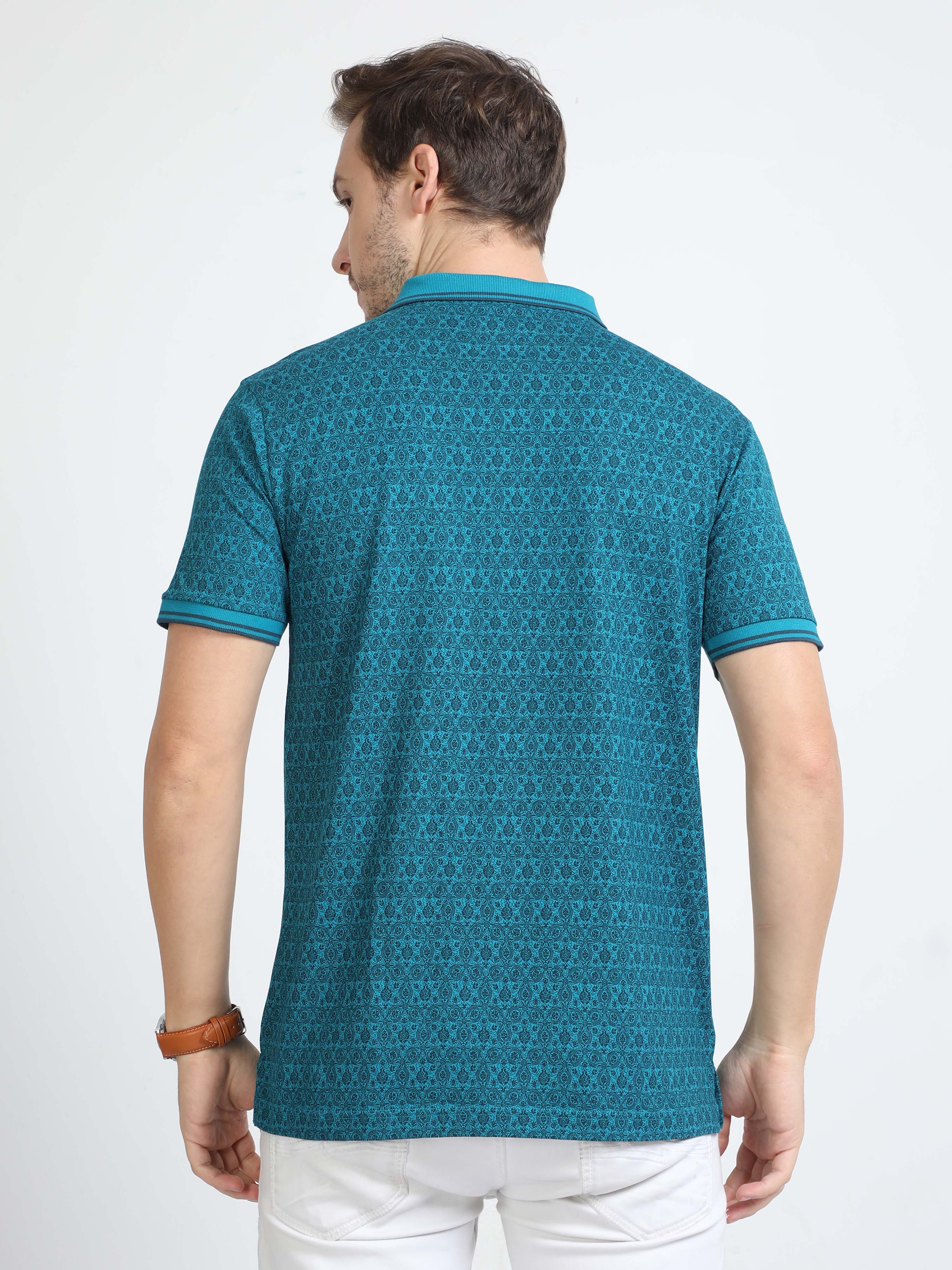 Classic Polo Mens Cotton Half Sleeves Floral Slim Fit Polo Neck Turqoise Color T-Shirt | Bello - 229 A Sf P