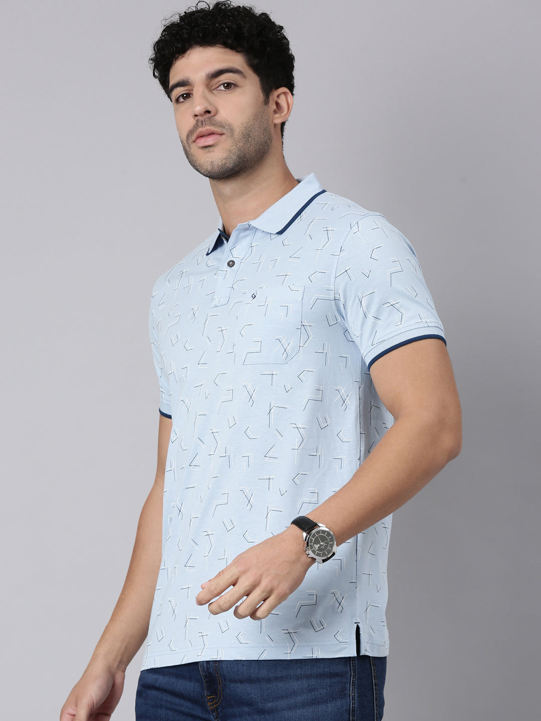Classic Polo Men's Half Sleeve Blue Polo Neck Slim Fit All-Over Print Cotton T-Shirt | BELLO - 383 B SF P