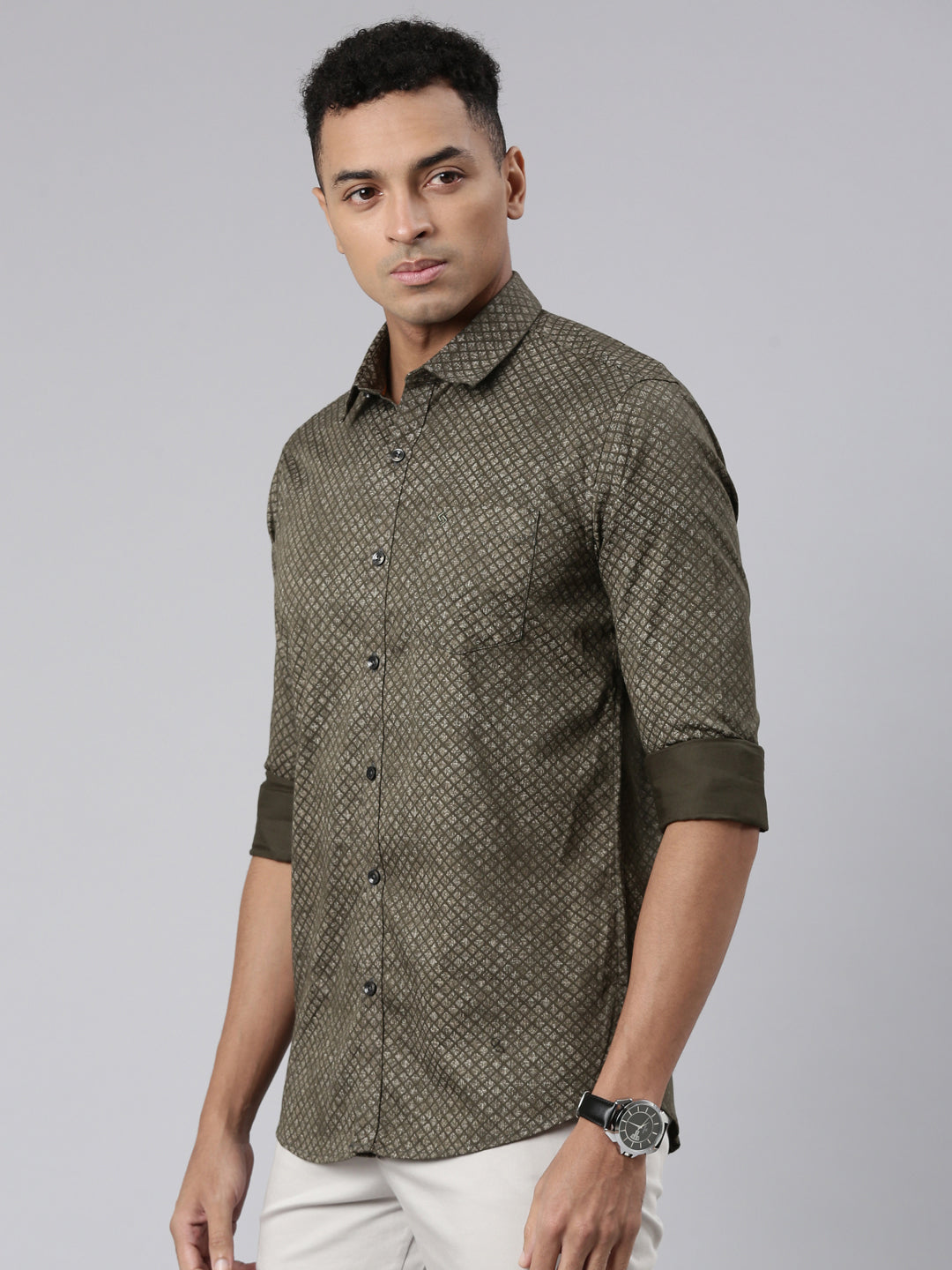 Classic Polo Men's Full Sleeve Olive Polo Neck Cotton Slim Fit Casual Shirt | SP2-149-PRT-SF FS