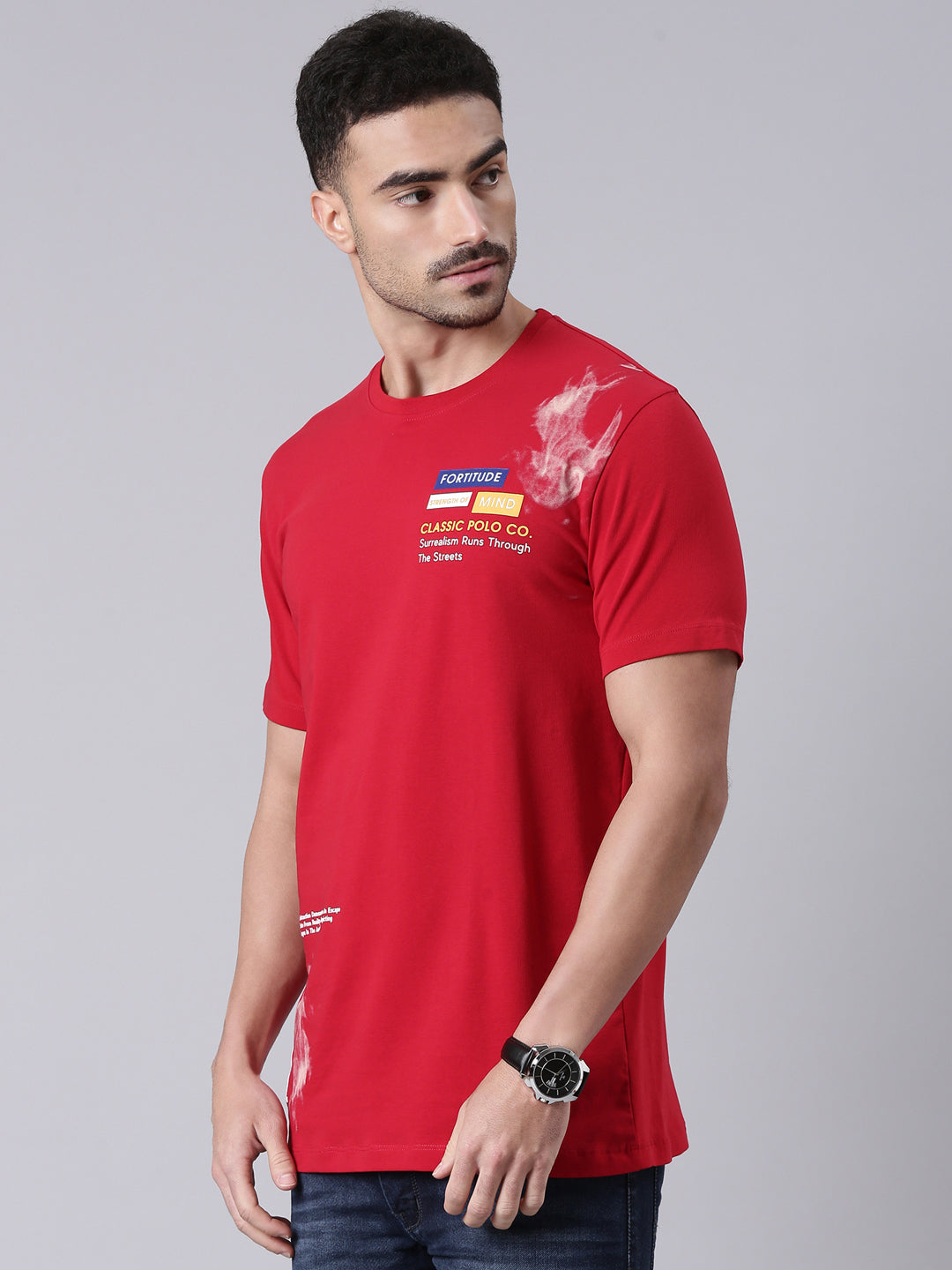 Classic Polo Men's Half Sleeve Red Round Neck Slim Fit Printed Cotton T-Shirt | BALENO - 621 A SF C