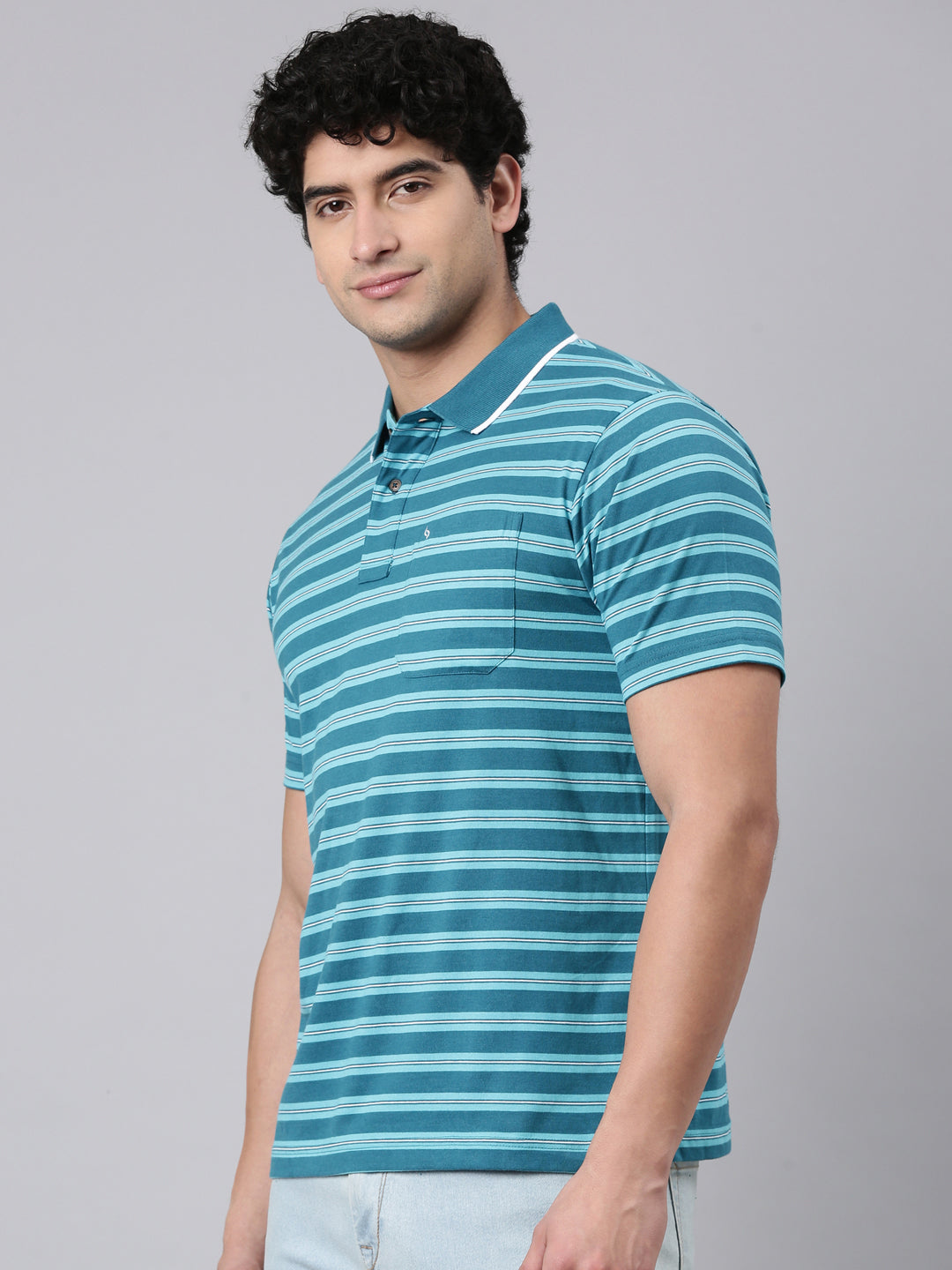 Classic Polo Men's Half Sleeve Blue Polo Neck Authentic Fit Striped Cotton Blend T-Shirt | FEEDERS - 306 B AF P