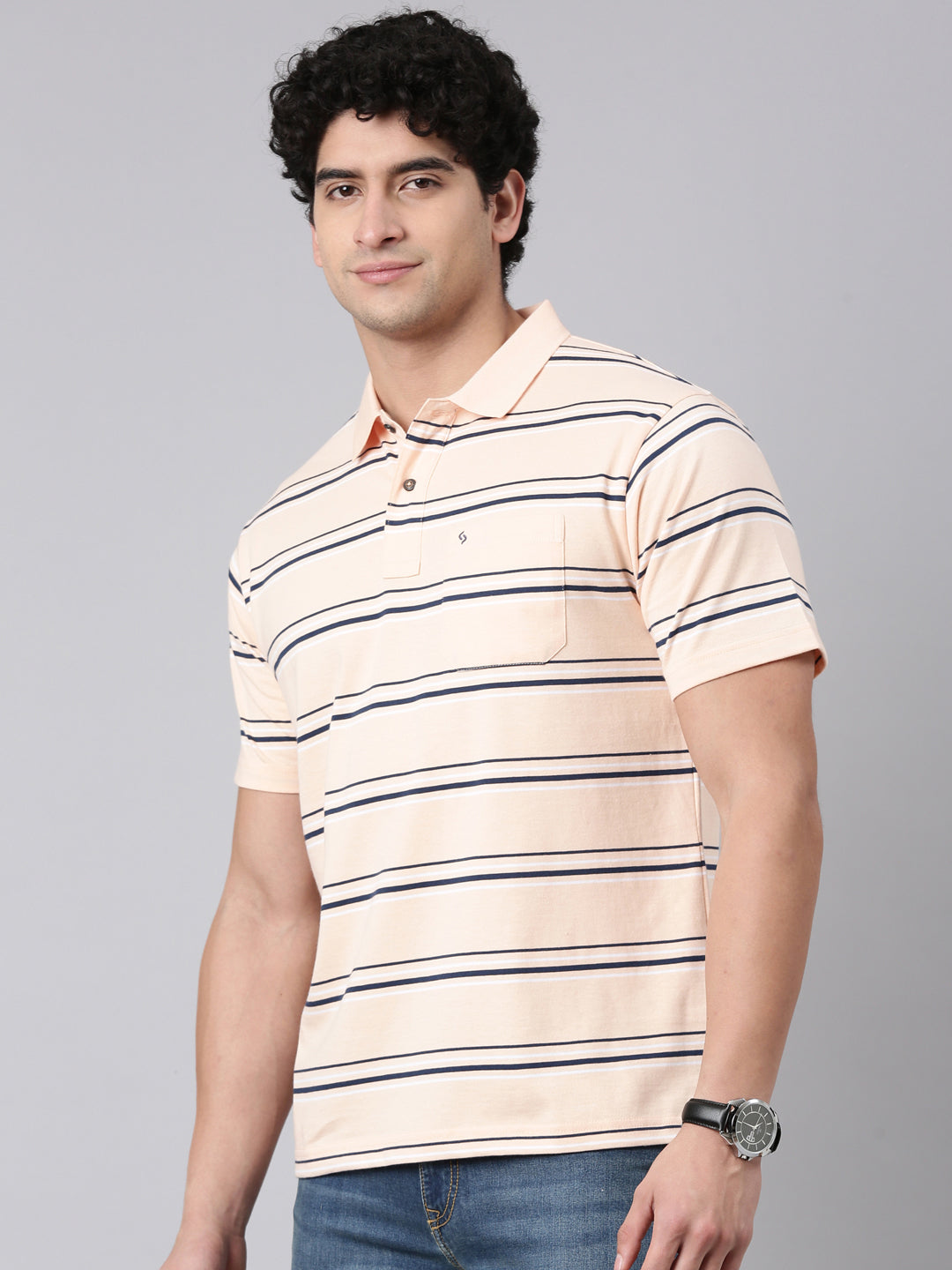 Classic Polo Men's Half Sleeve Peach/Navy Blue Polo Neck Authentic Fit Striped Cotton Blend T-Shirt | AVON - 644 A AF P