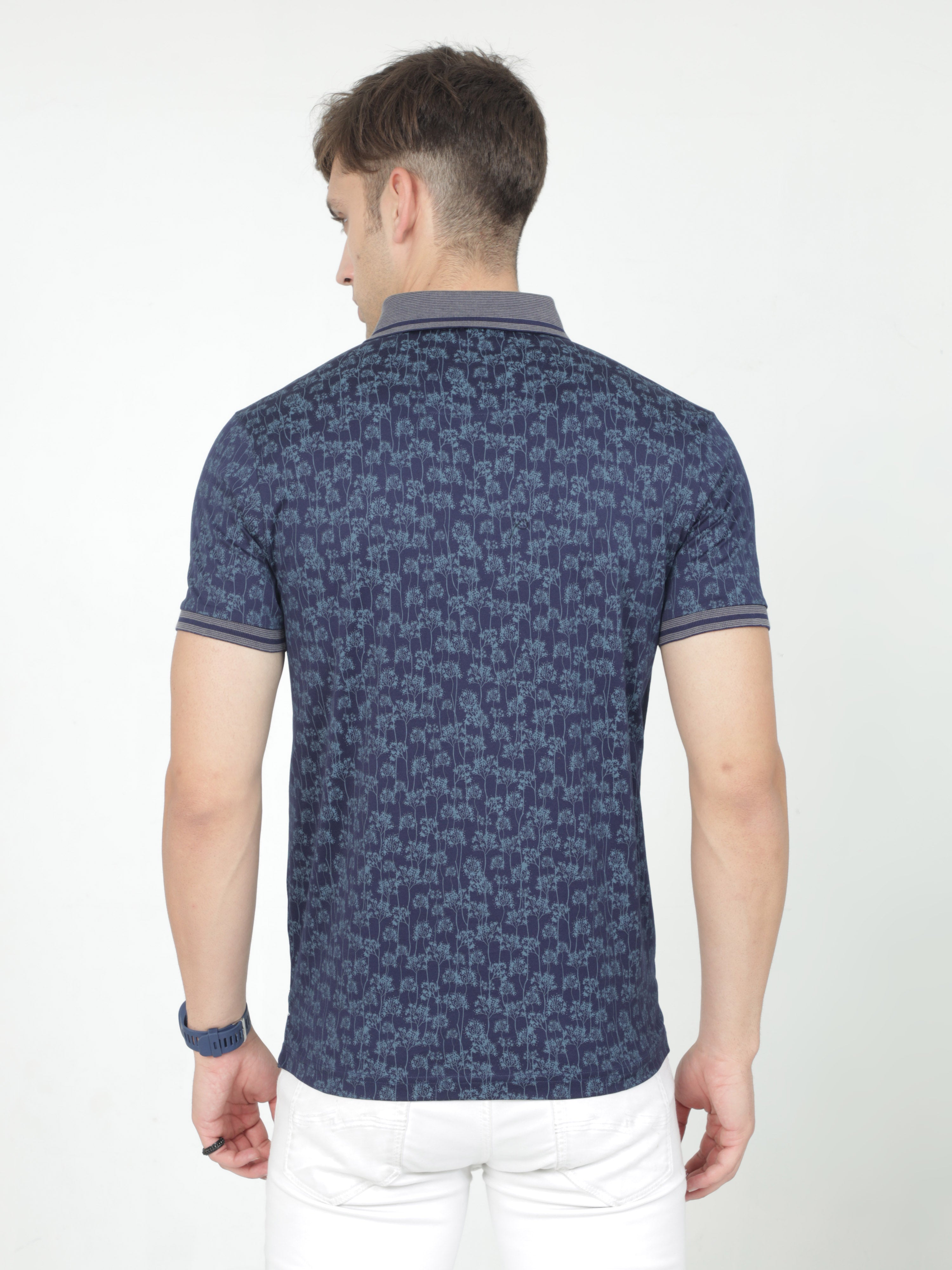 Classic Polo Mens Cotton Half Sleeves Floral Slim Fit Polo Neck Blue Color T-Shirt | Scant - 33 B Sf P