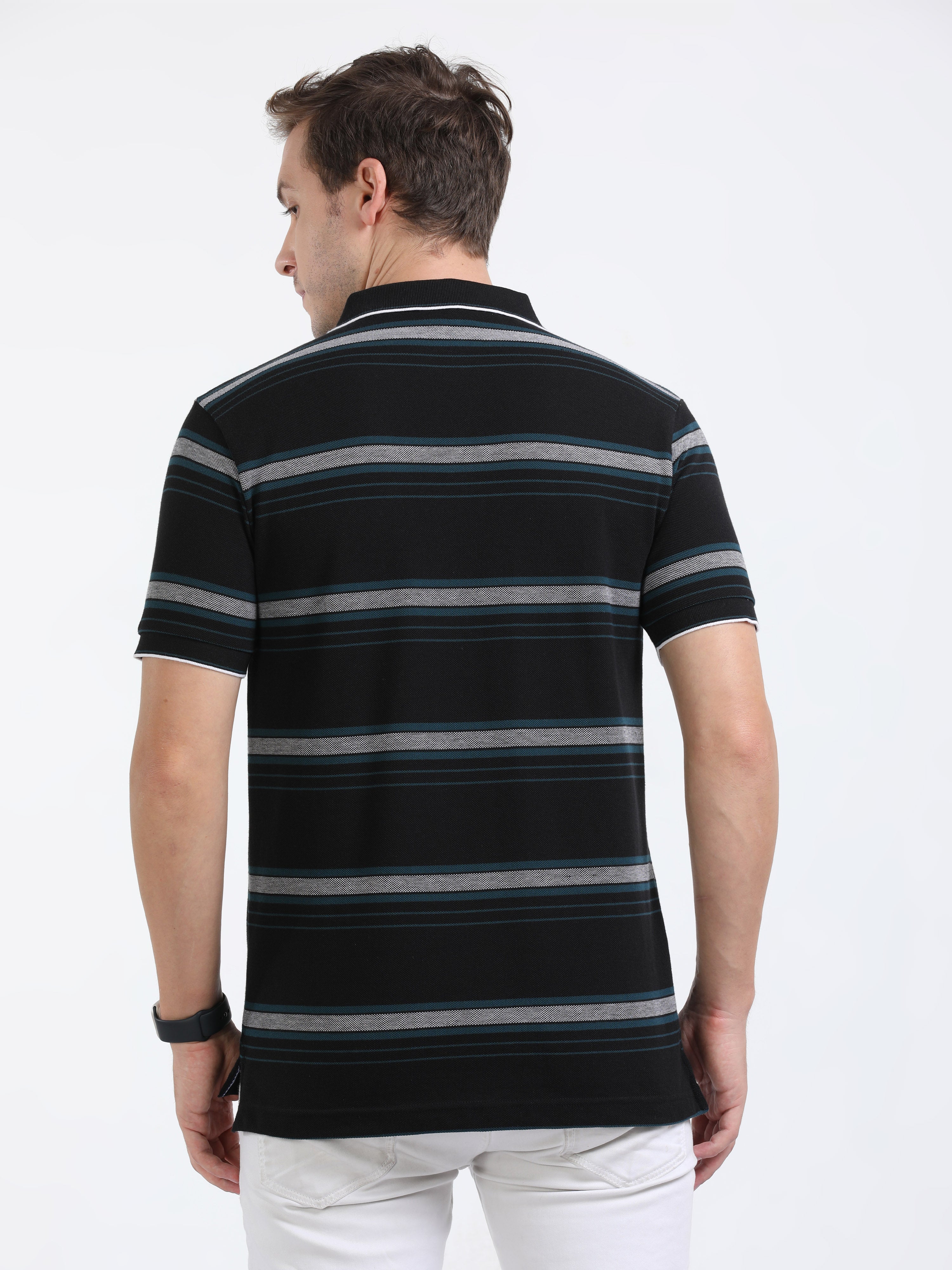 Classic Polo Mens Cotton Half Sleeves Striped Slim Fit Polo Neck Black Color T-Shirt | Adore - 209 B Sf P