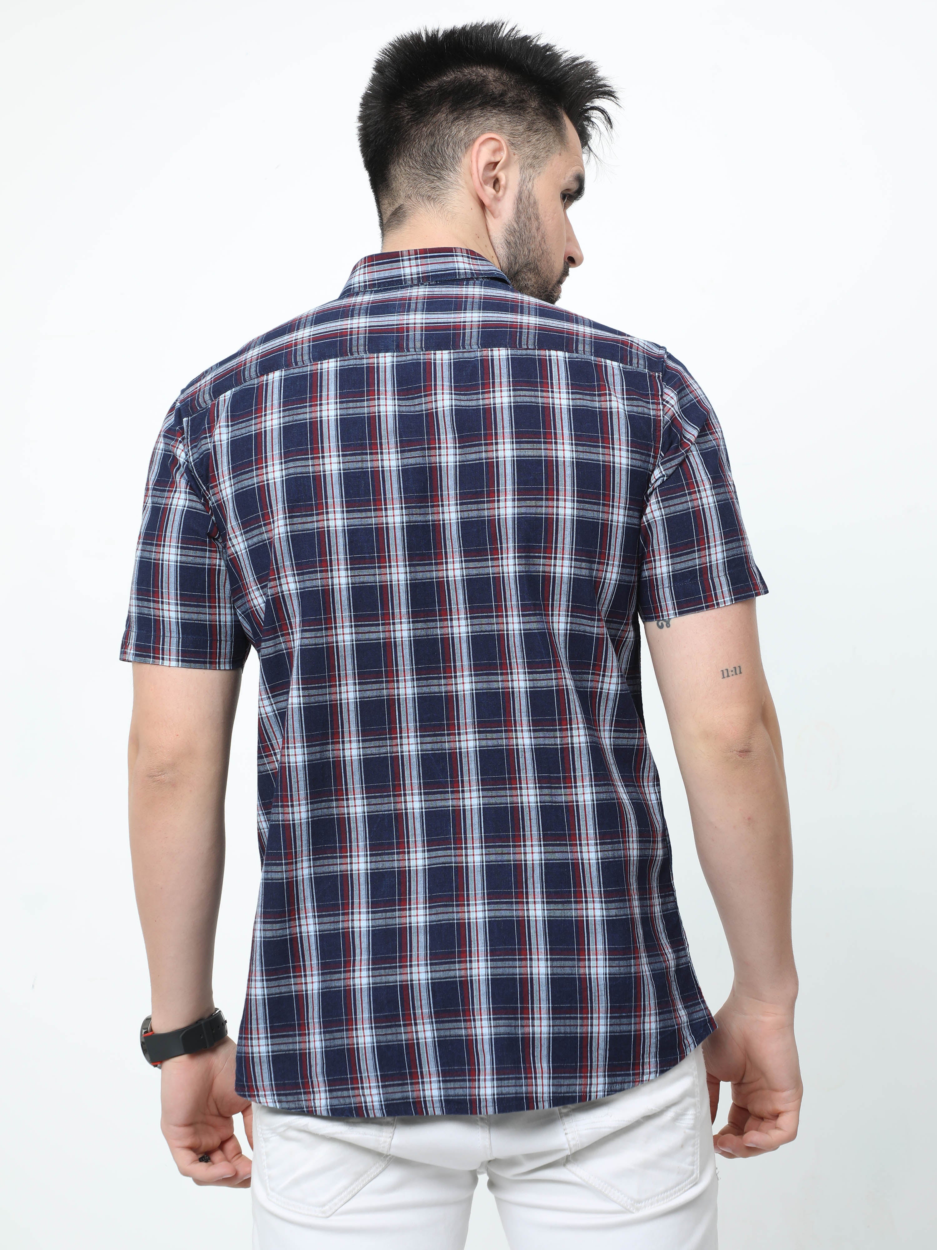 Classic Polo Mens Pure Cotton Half Sleeves Checked Slim Fit Polo Neck Multi Color Woven Shirt | So2-175 B-Hs-Chk-Sf