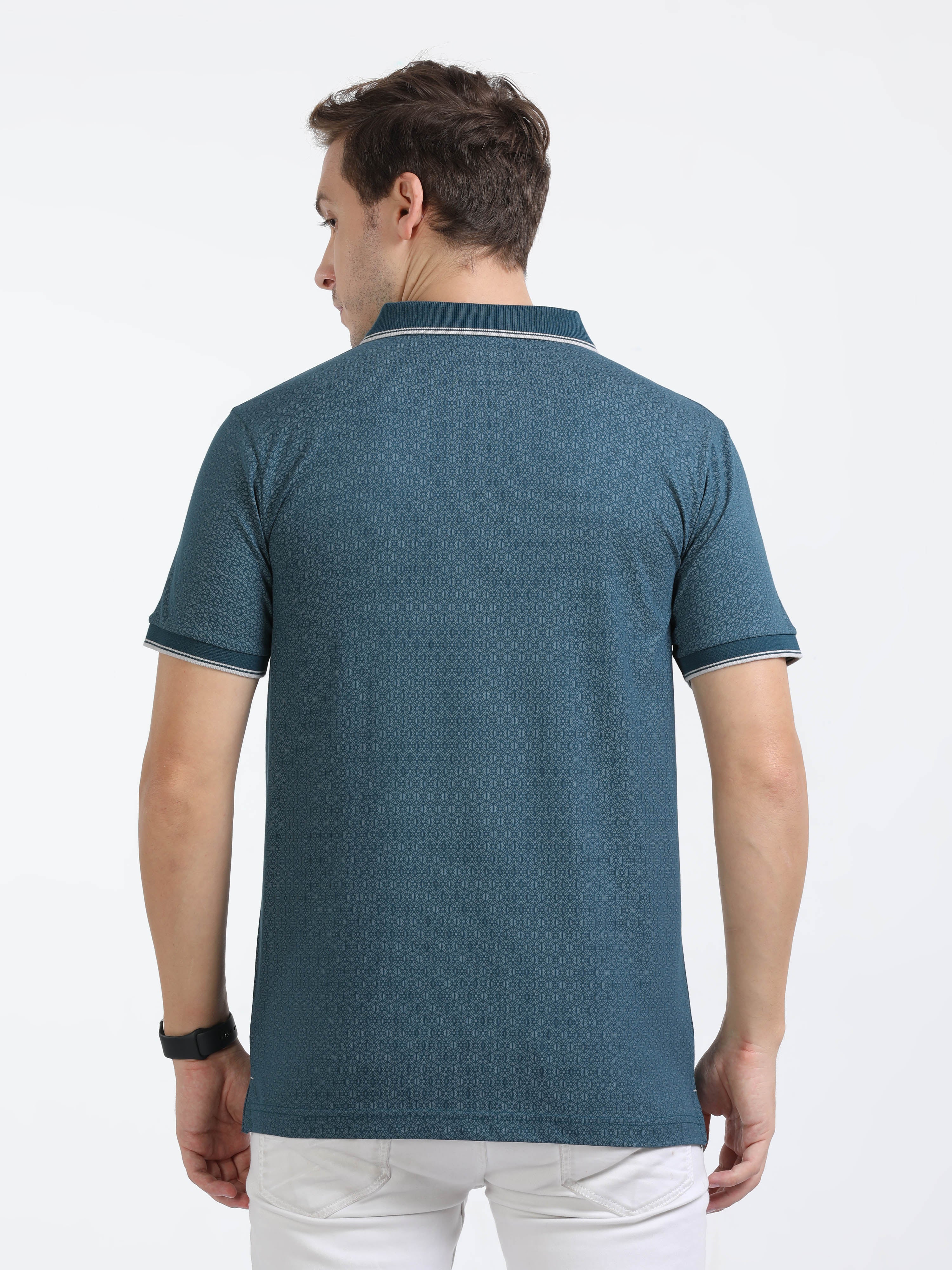 Classic Polo Mens Cotton Half Sleeves Floral Slim Fit Polo Neck Blue Color T-Shirt | Bello - 225 B Sf P