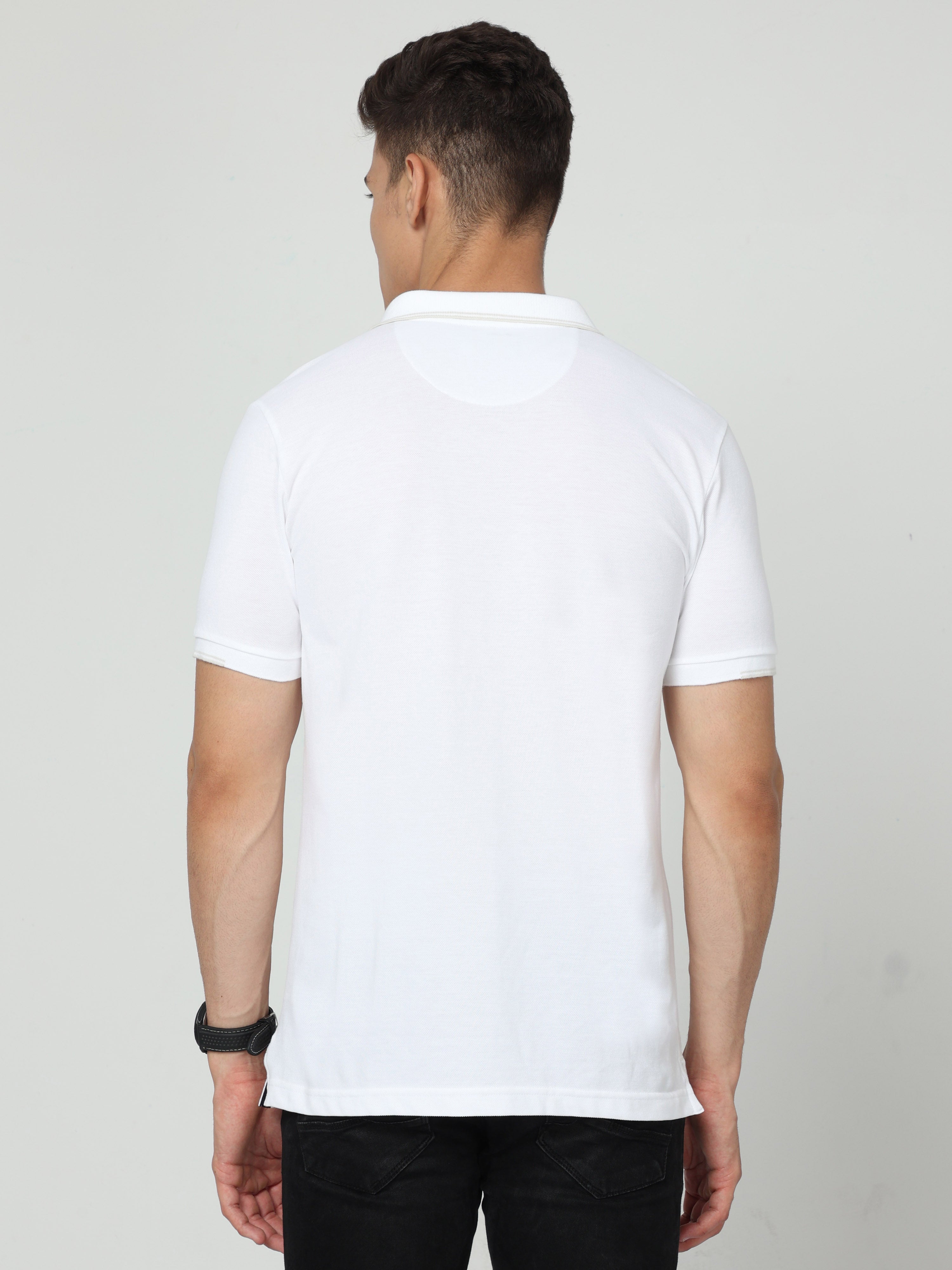 Classic Polo Mens Pure Cotton Half Sleeve Printed Slim Fit Polo Neck White Color T Shirt | Vivid Polo - 02 A