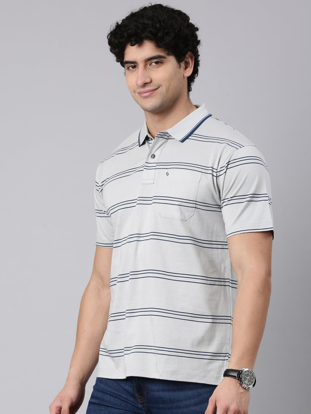 Classic Polo Men's Half Sleeve Grey Polo Neck Authentic Fit Striped Cotton T-Shirt | AP - 157 B AF P