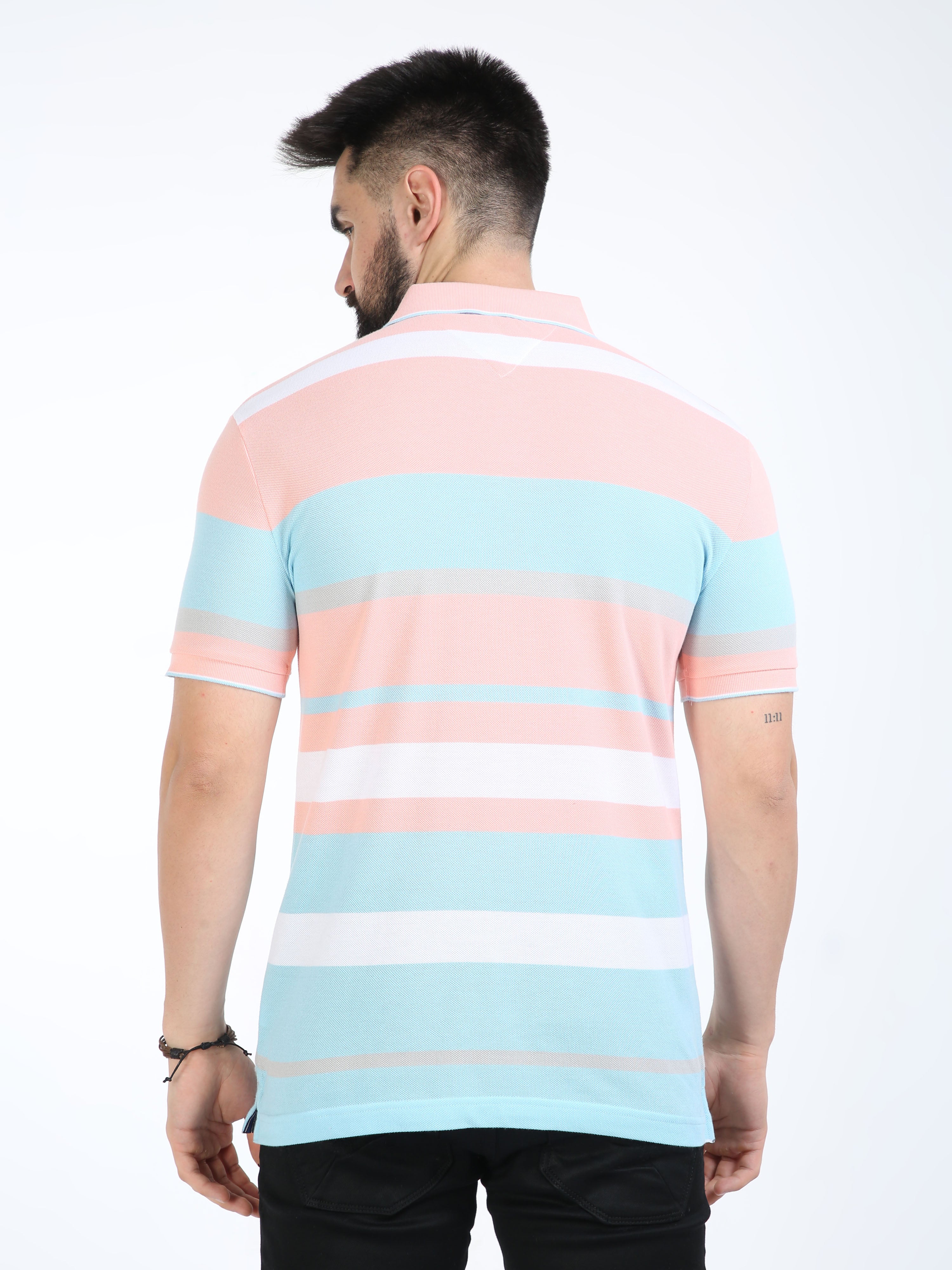 Classic Polo Mens Cotton Half Sleeves Striped Slim Fit Polo Neck Peach Color T-Shirt | Vta - 242 B Sf P