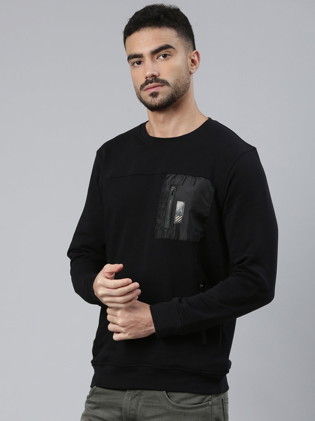 Classic Polo Men's Black Crew Neck Pull Over Solid Side Zipper Pocket Sweatshirt | CPSS - 501 A