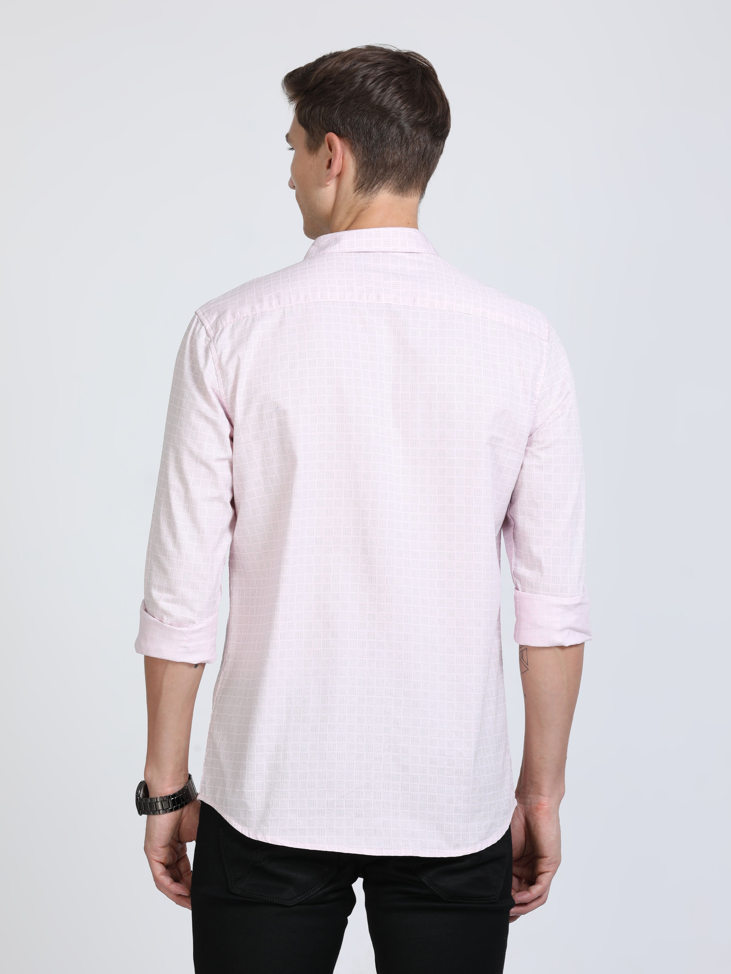Classic Polo Mens Pure Cotton Full Sleeves Printed Slim Fit Polo Neck Pink Color Woven Shirt | So2-161 B-Fs-Prt-Sf