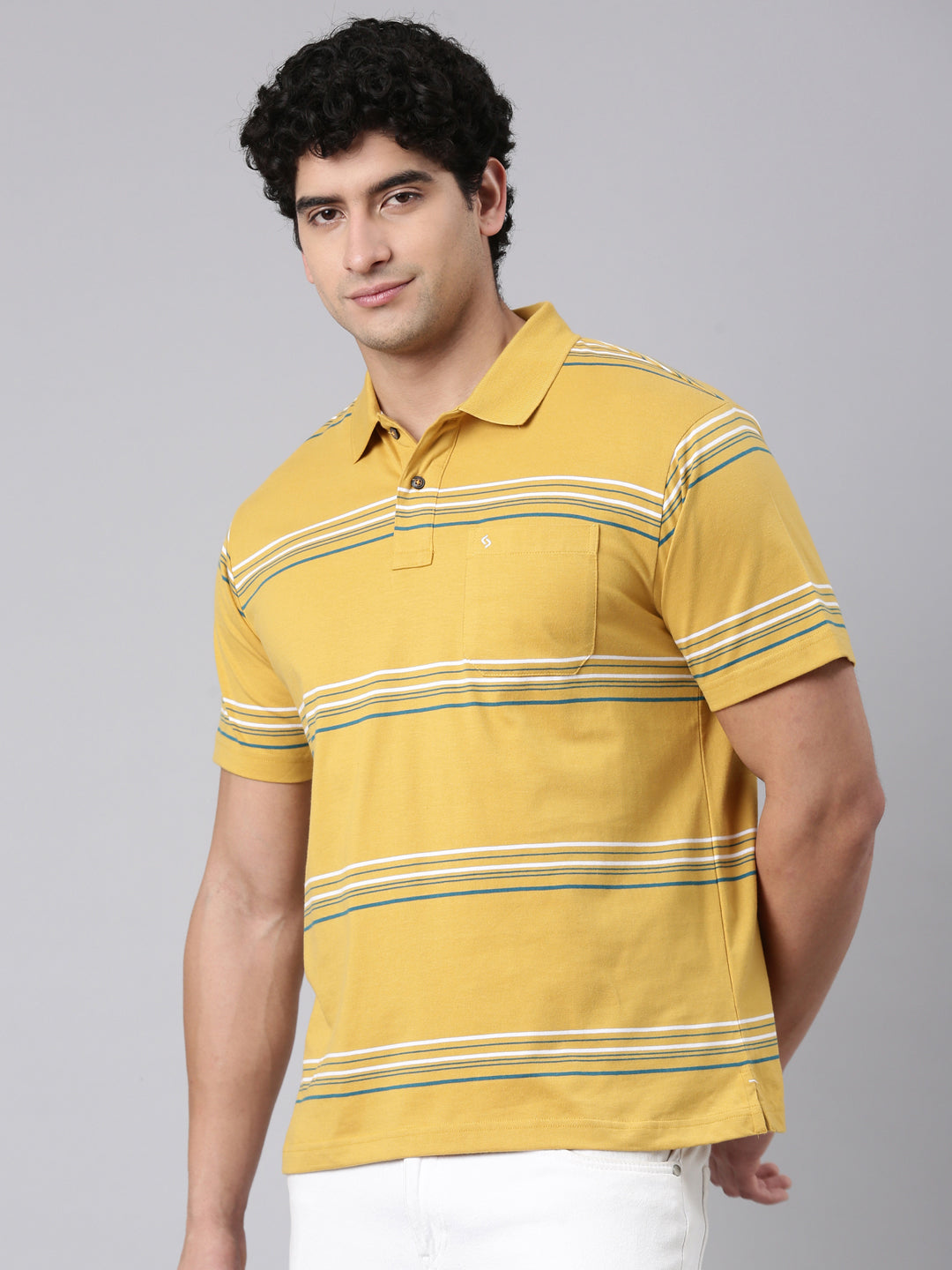 Classic Polo Men's Half Sleeve Yellow Polo Neck Authentic Fit Striped Cotton Blend T-Shirt | AVON - 650 A AF P