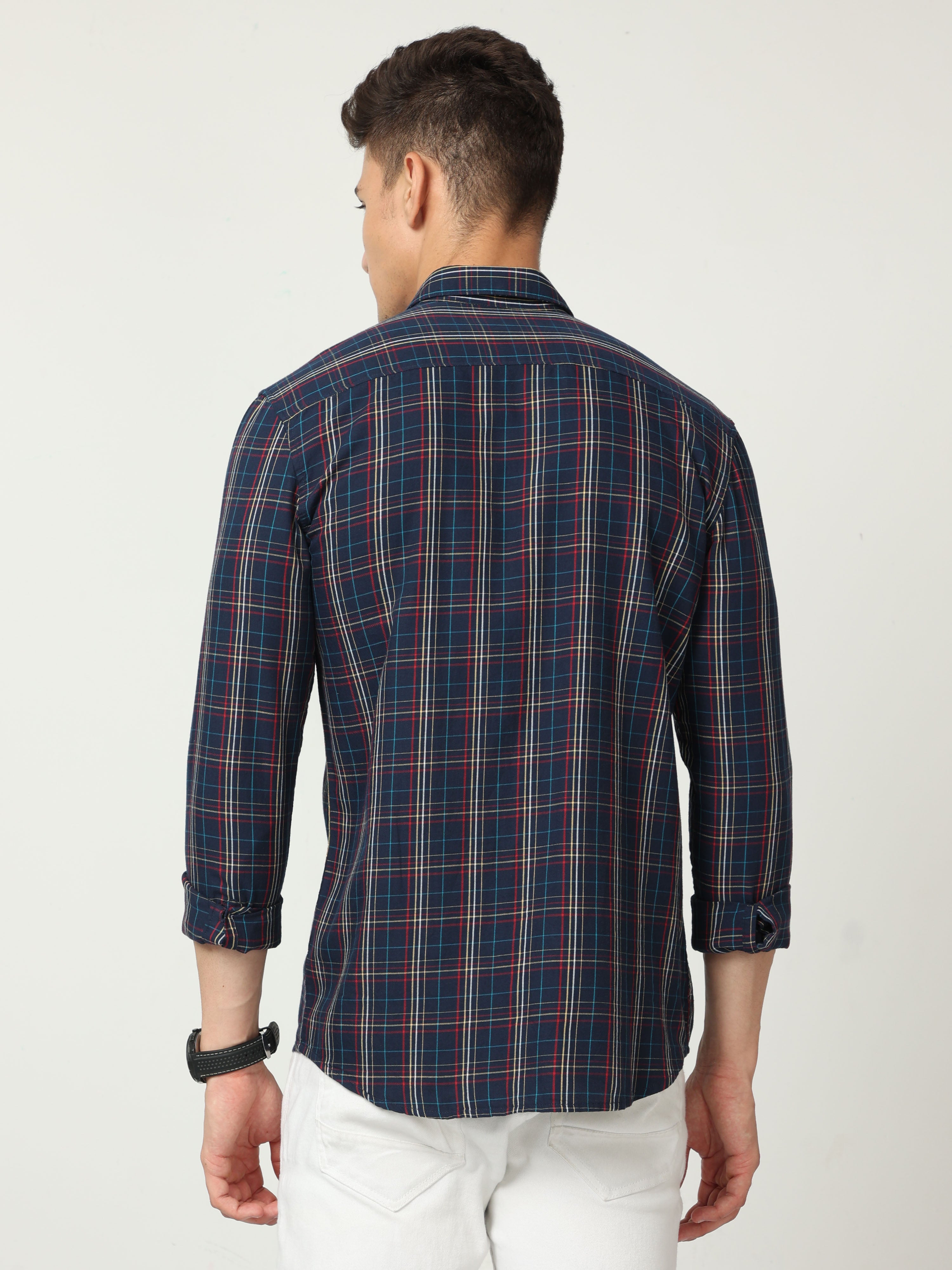 Classic Polo Men's Cotton Full Sleeve Checked Slim Fit Polo Neck Navy Blue Color Woven Shirt | So1-97 B
