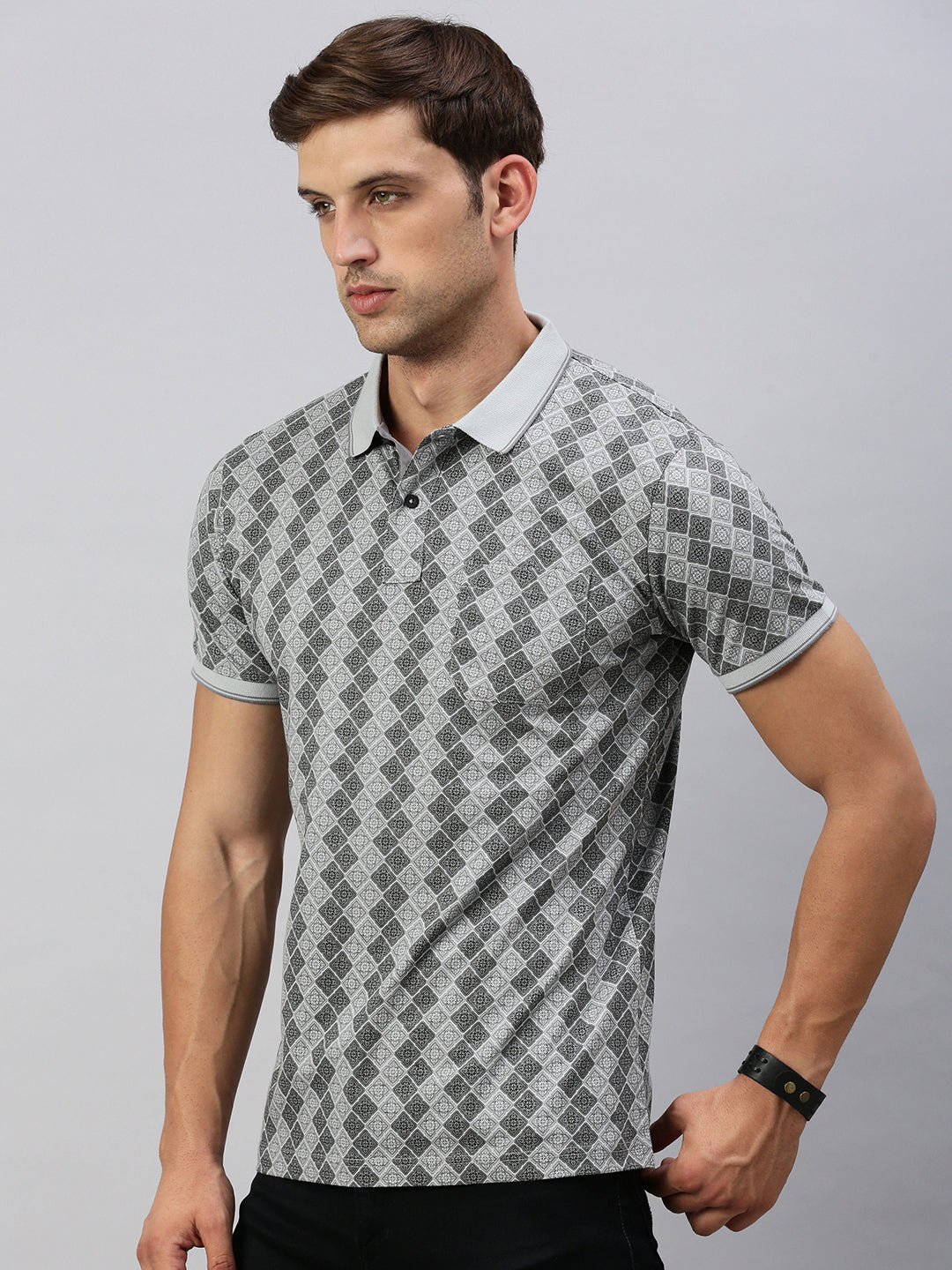 Classic Polo Men's Printed Grey/Black Cotton Slim Fit Half Sleeve T-Shirt | BELLO - 294 A SF P