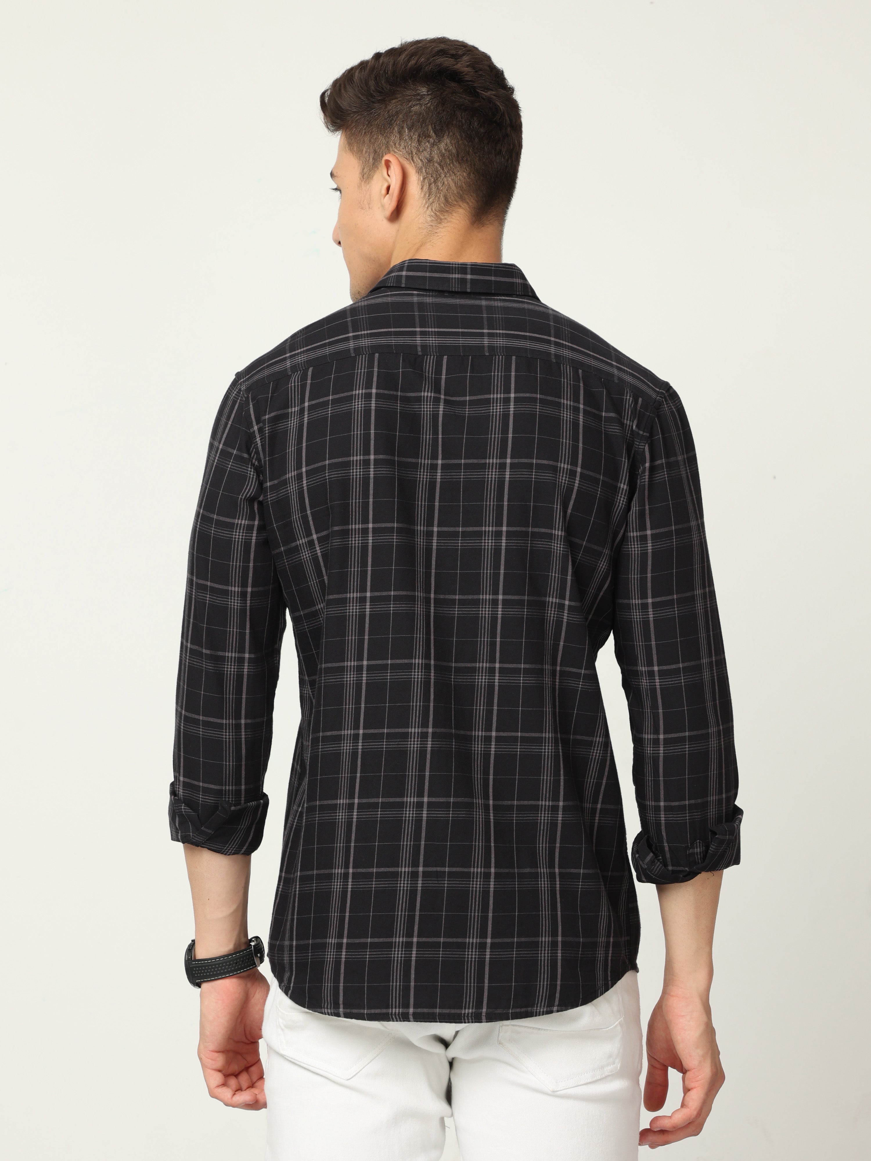 Classic Polo Mens Cotton Full Sleeve Checked Slim Fit Polo Neck Black Color Woven Shirt | SO1-102 B-FS-CHK