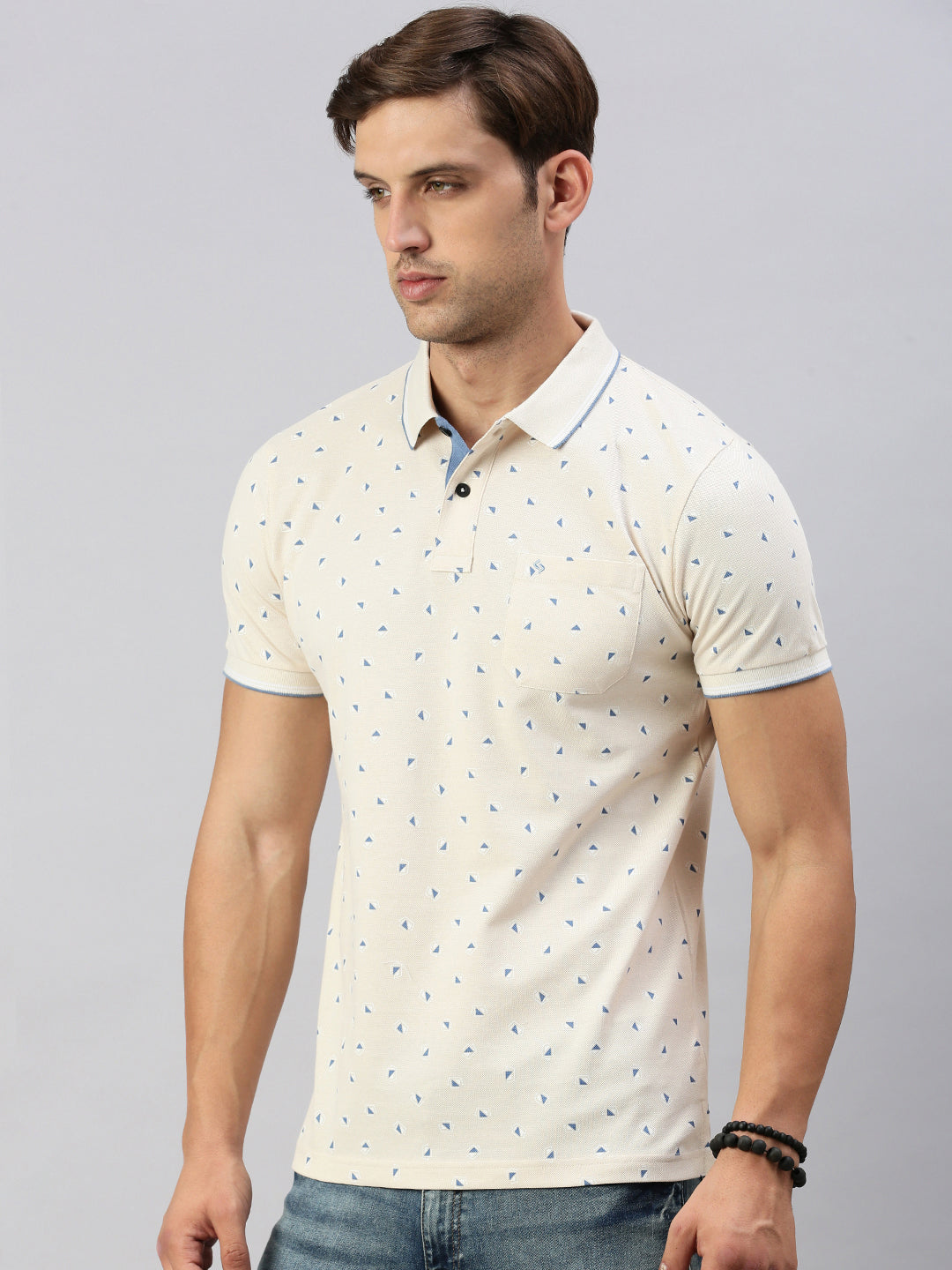 Classic Polo Men's Printed Beige Cotton Slim Fit Half Sleeve T-Shirt | BEAU - 263 A SF P