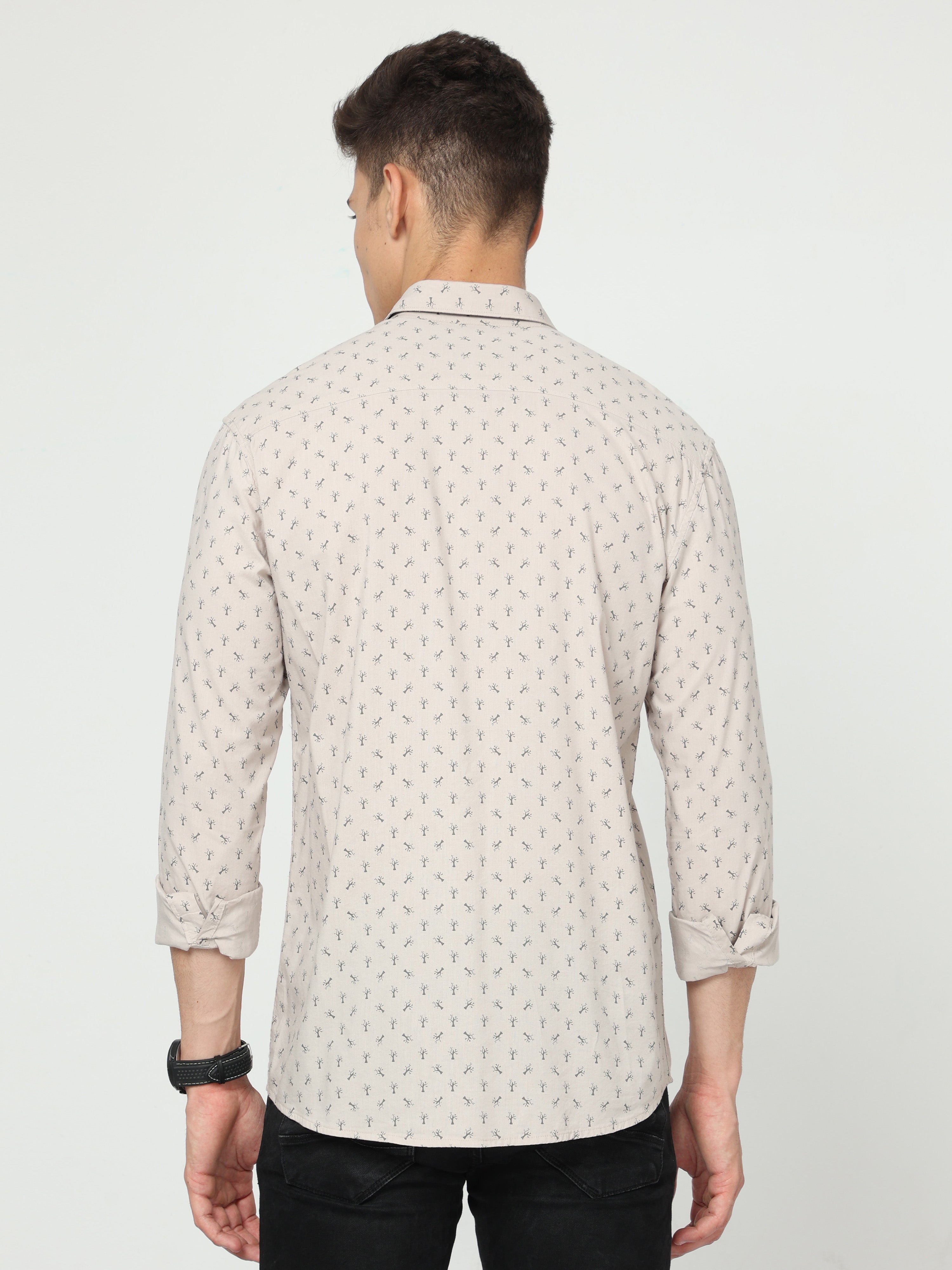 Classic Polo Men's Cotton Full Sleeve Printed Slim Fit Polo Neck Cream Color Woven Shirt | So1-151 B