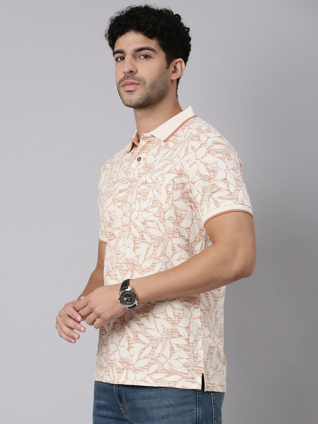 Classic Polo Men's Half Sleeve White/Peach Polo Neck Slim Fit All-Over Print Cotton T-Shirt | BEAU - 311 B SF P
